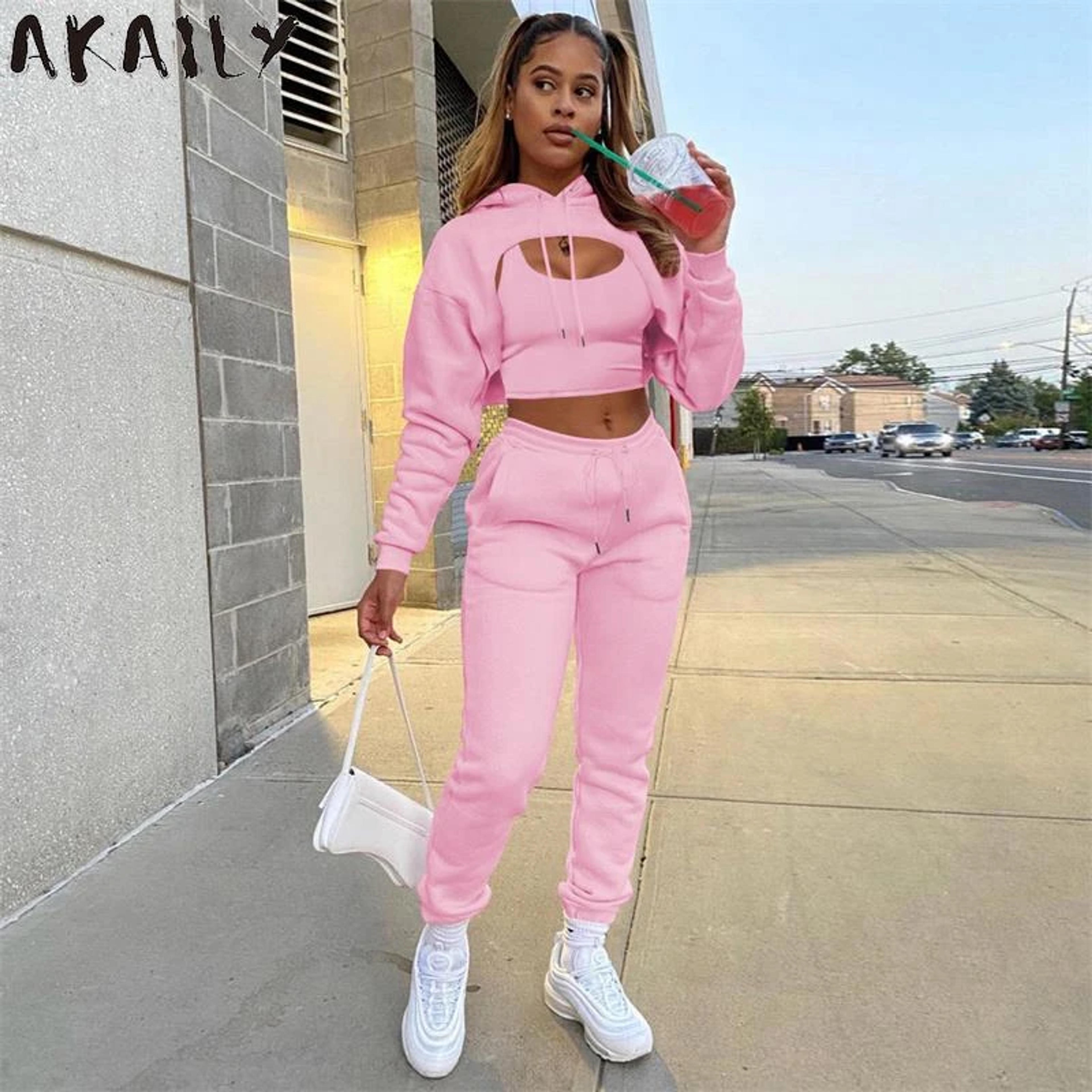 Akaily Summer Streetwear Tracksuit 3 Pieces Set Outfits For Women 2023 Long Sleeve Pink Hoodies Crop Tops And Pants Matchin Sets|Pant Suits| - AliExpress