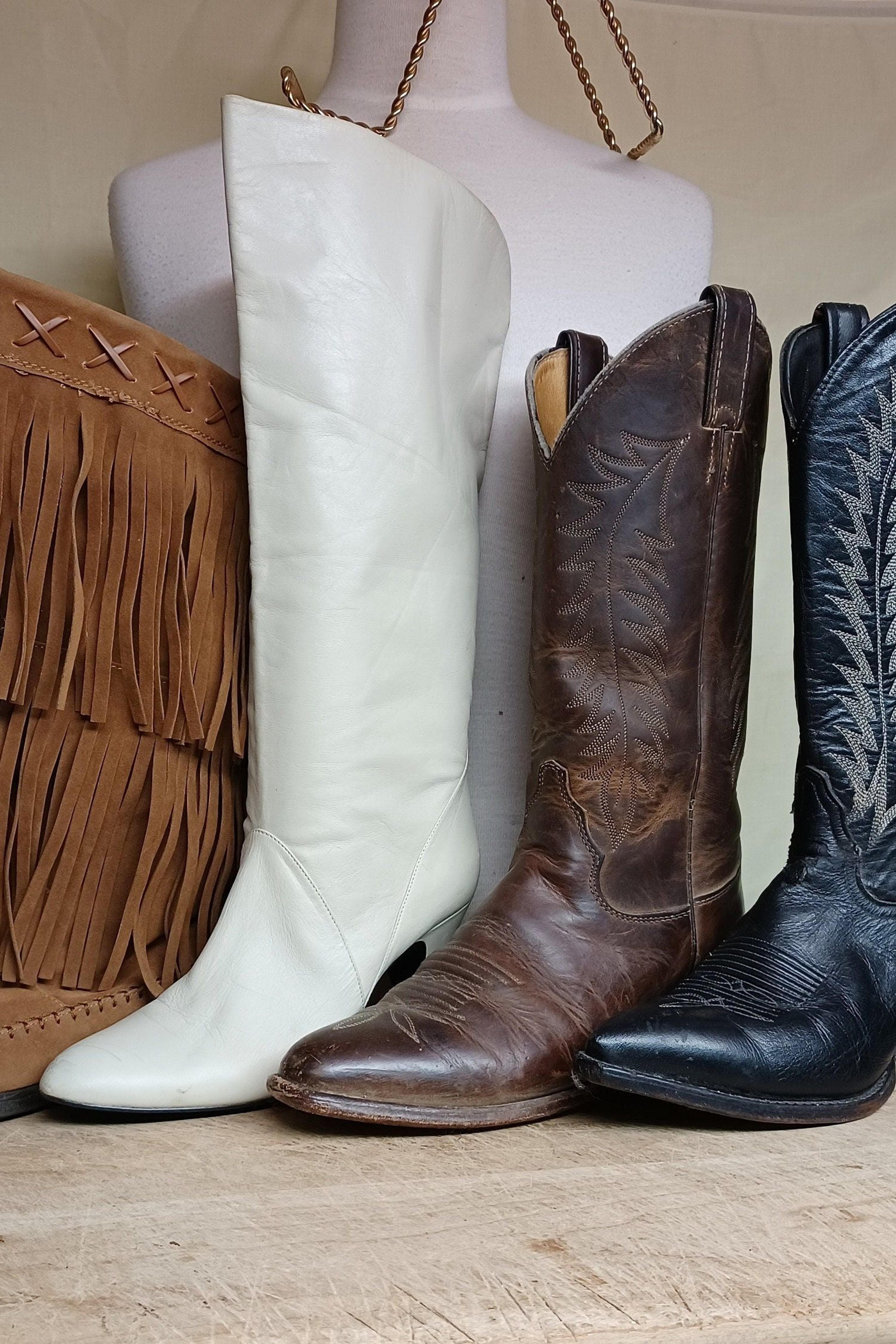 Vintage Lady's Size 8M Leather Boots: Vegan RAMPAGE Moccasins; Ivory MisterShoe Heels; Brown JUSTIN Oiled; Black TONYLAMA; See Descriptions