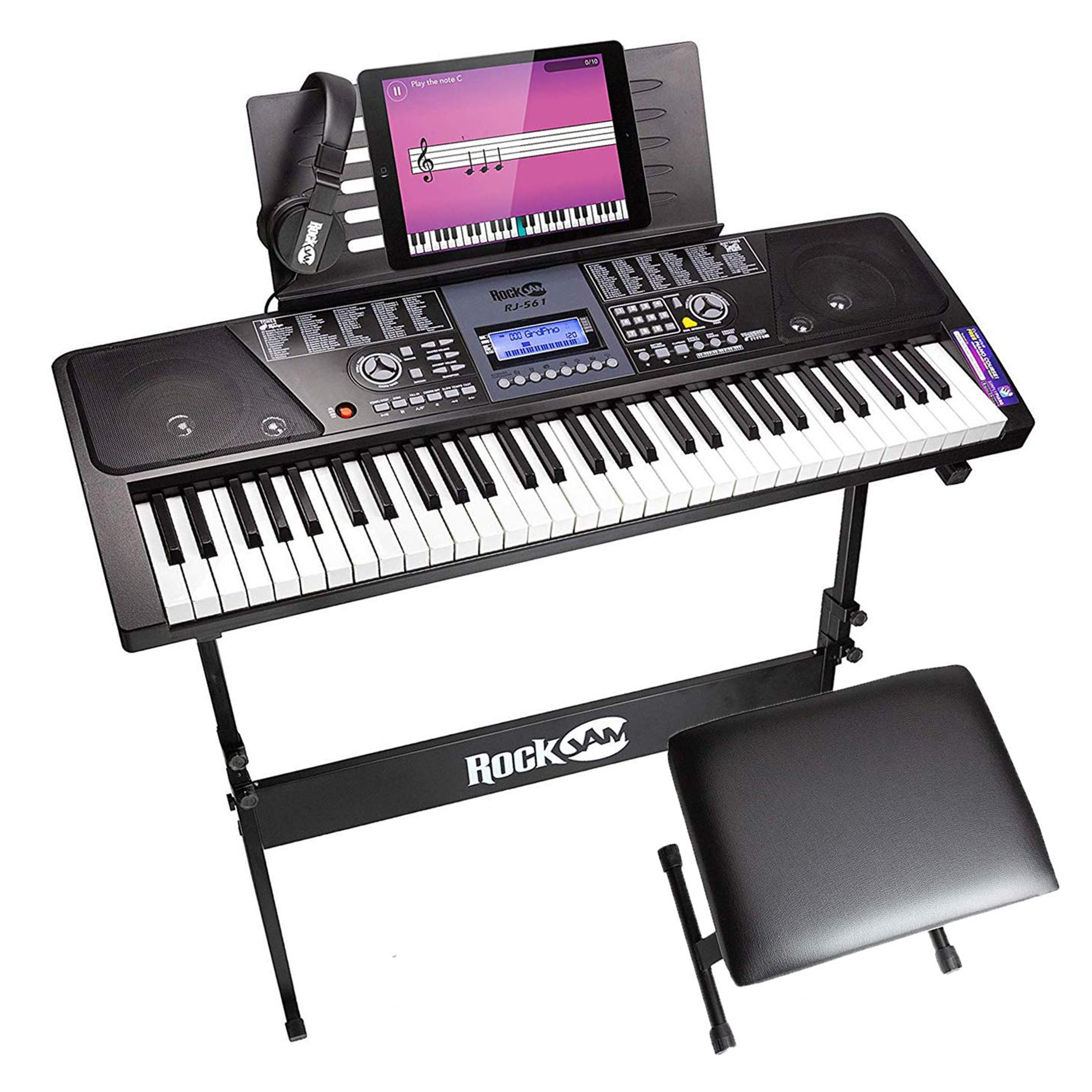 RockJam 61 Key Keyboard Piano With LCD Display Kit, Keyboard Stand, Piano Bench, Headphones, Simply Piano App & Keynote Stickers