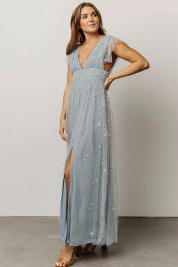 Nova Shimmer Maxi Dress | Dusty Blue + Silver | Baltic Born