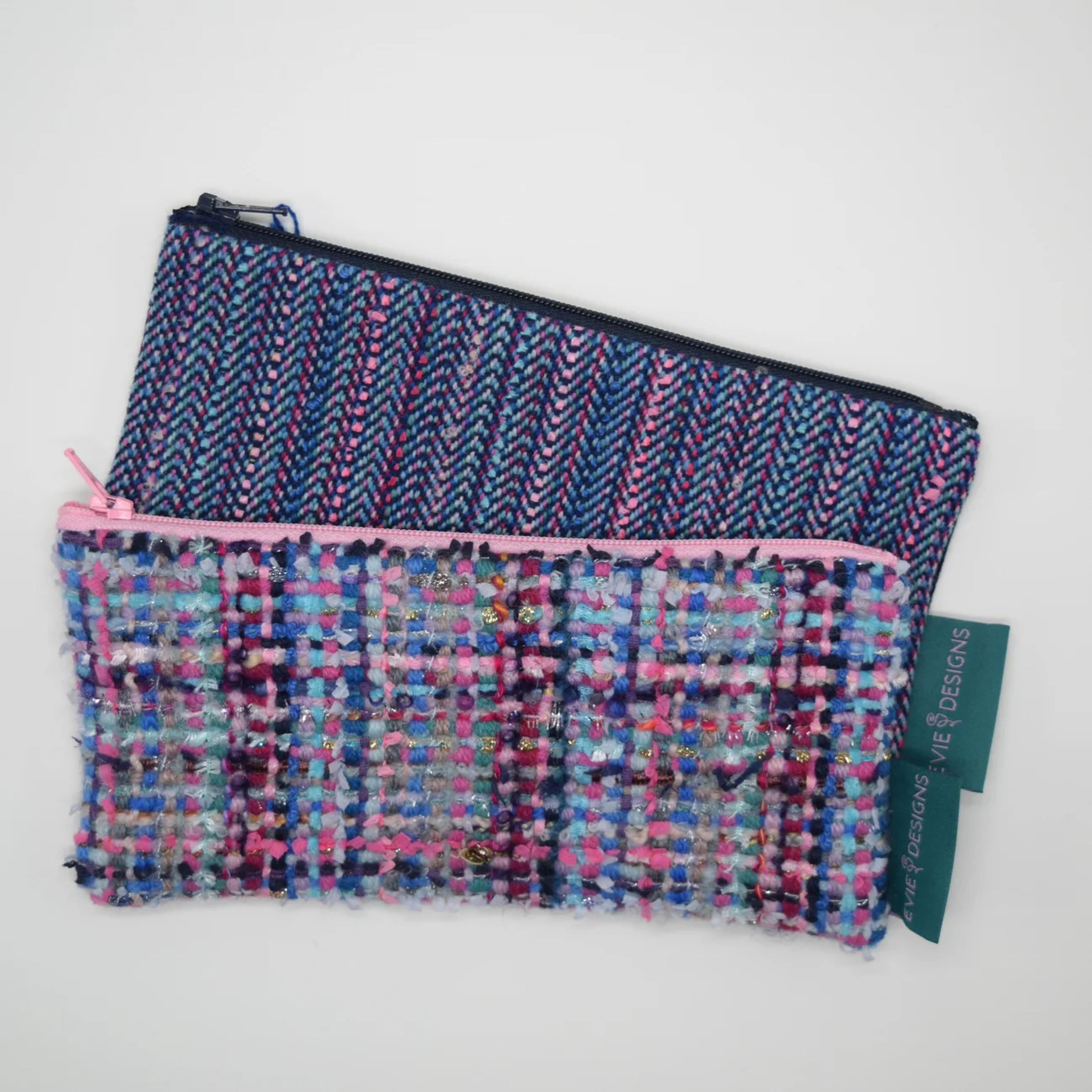 Handwoven and handmade Blue and Pink fancy tweed pencil case variations | Evie Crawshaw Design