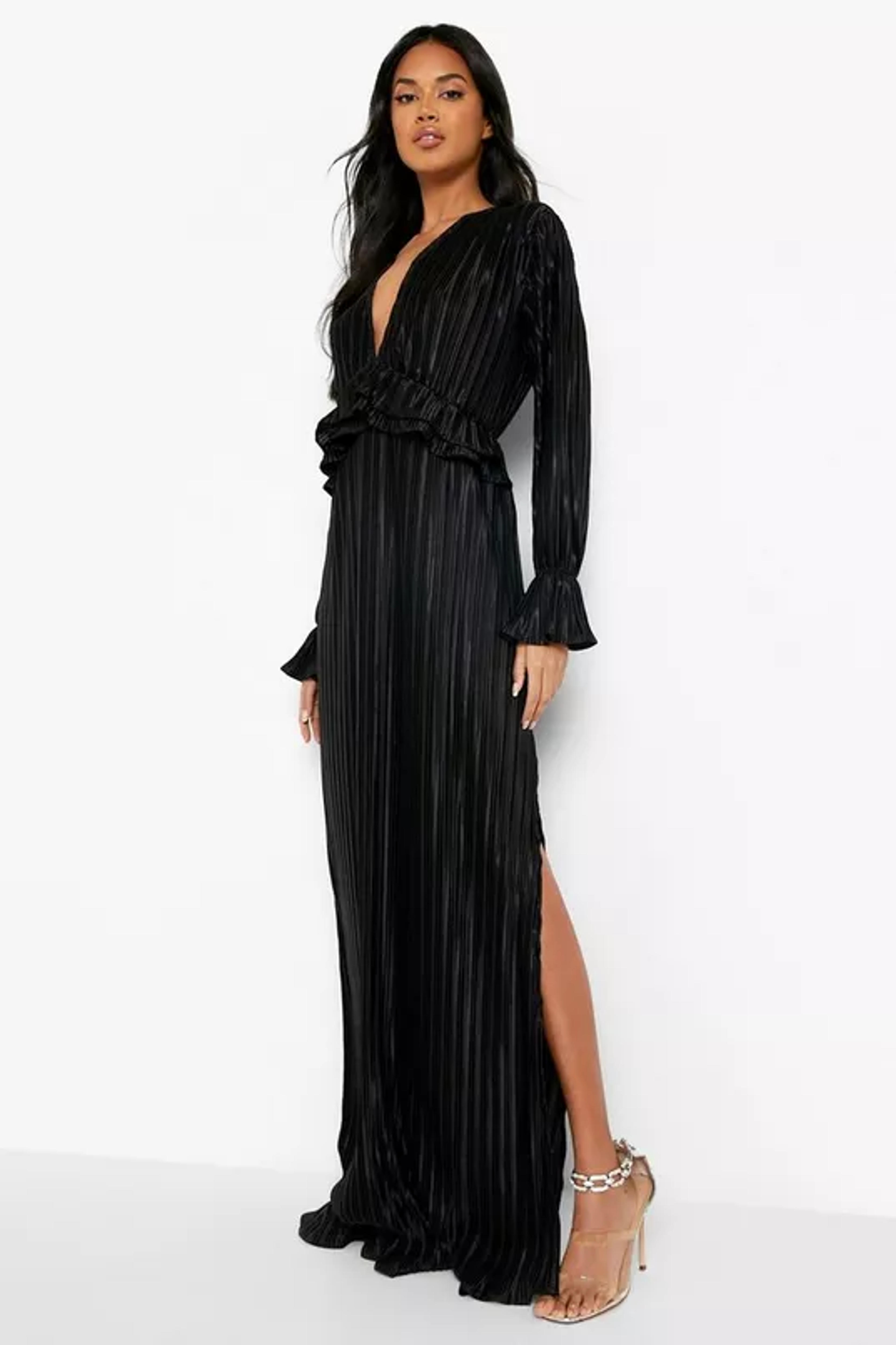 Pleated Plunge Ruffle Detail Maxi Dress