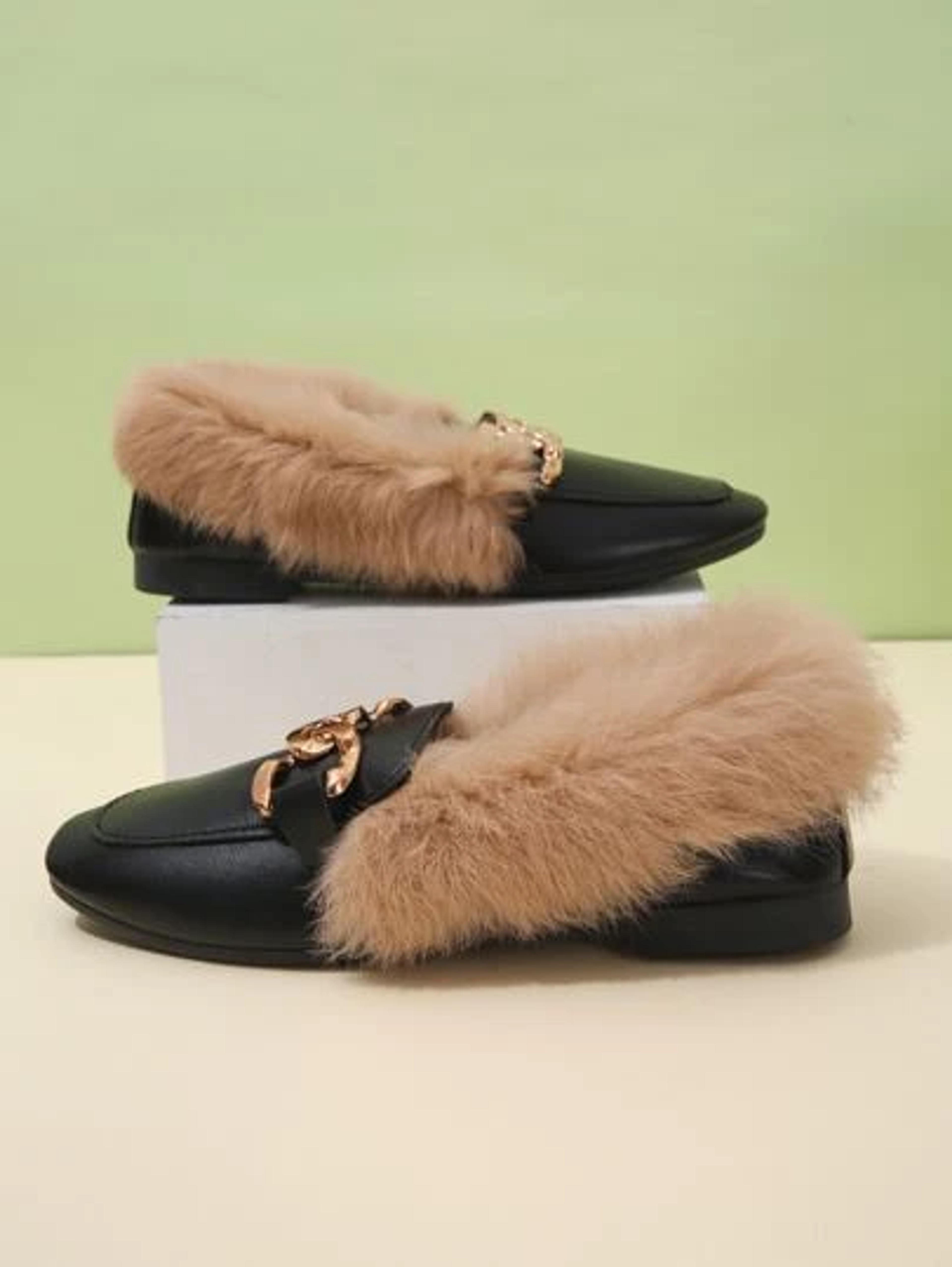 Chain & Fluffy Decor Square Toe Flat Loafers | SHEIN USA