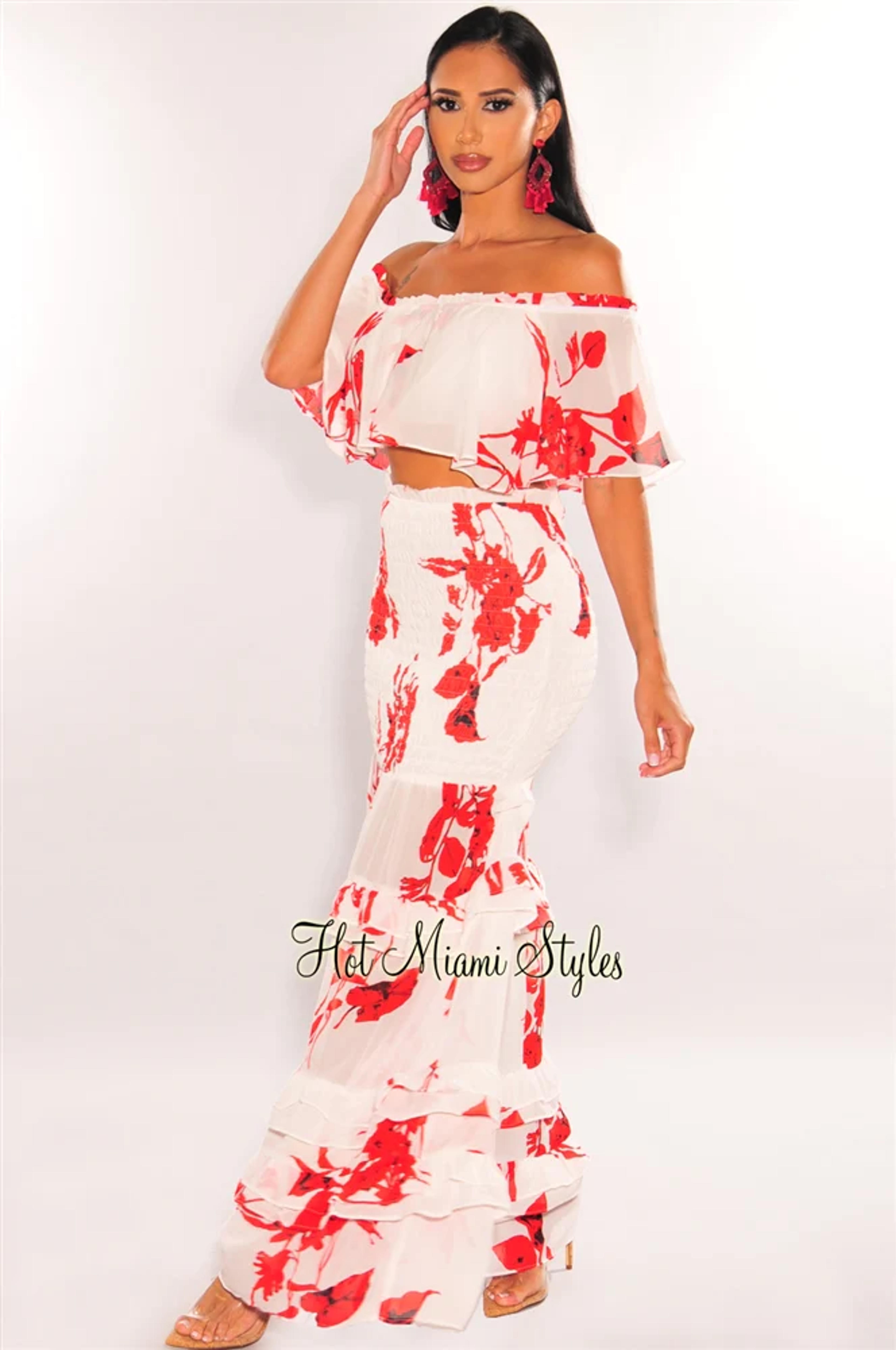 White Red Print Off Shoulder Ruffle Smocked Maxi Skirt Two Piece Set - Medium