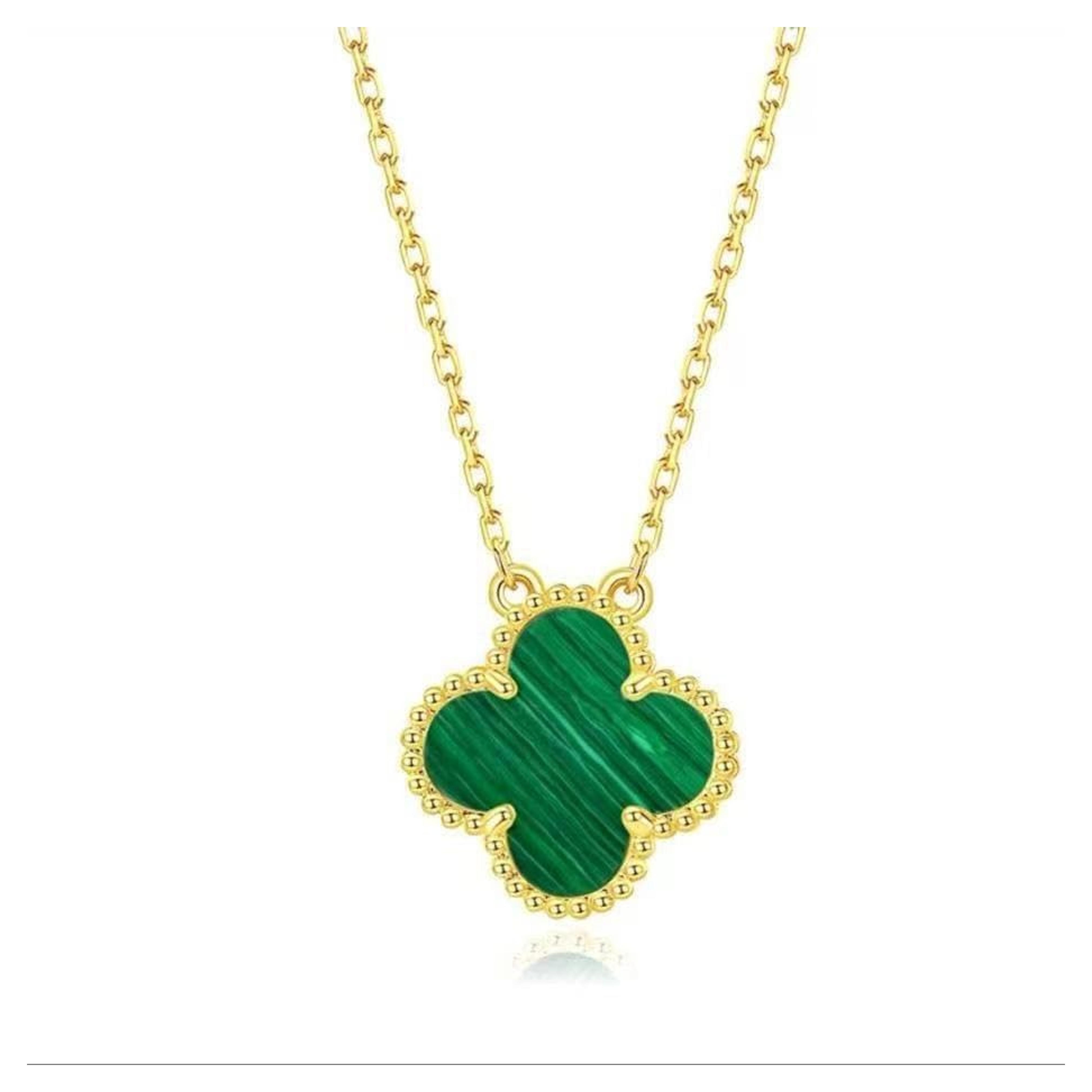 HXSCOO Silver Golden Lucky Four-Leaf Pendant Necklace For Woman White Shell Flower Fine Jewelry 45CM_GOLD-COLOR Green 4 leaves
