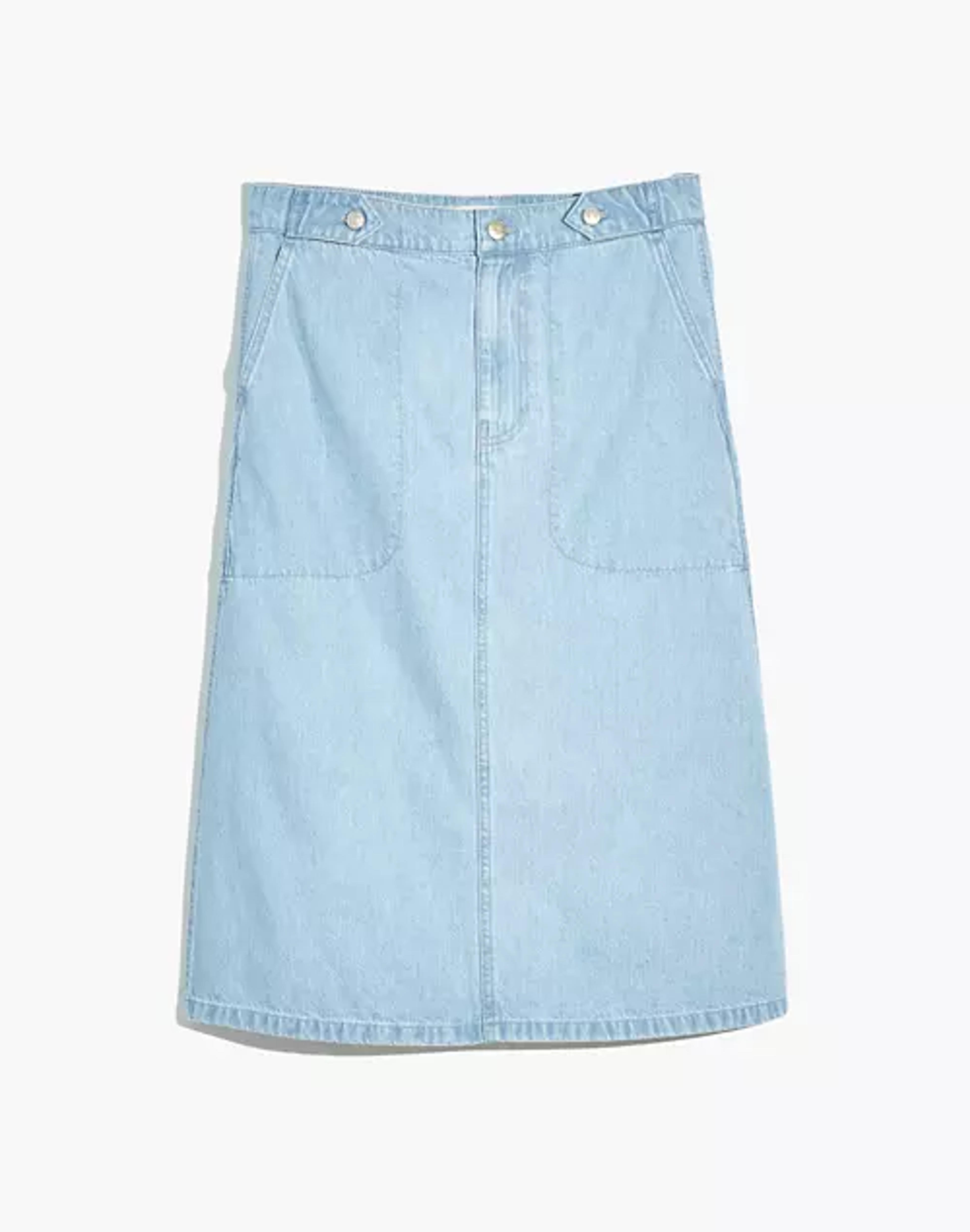 Denim Tab-Waist A-Line Midi Skirt in Lynnhaven Wash