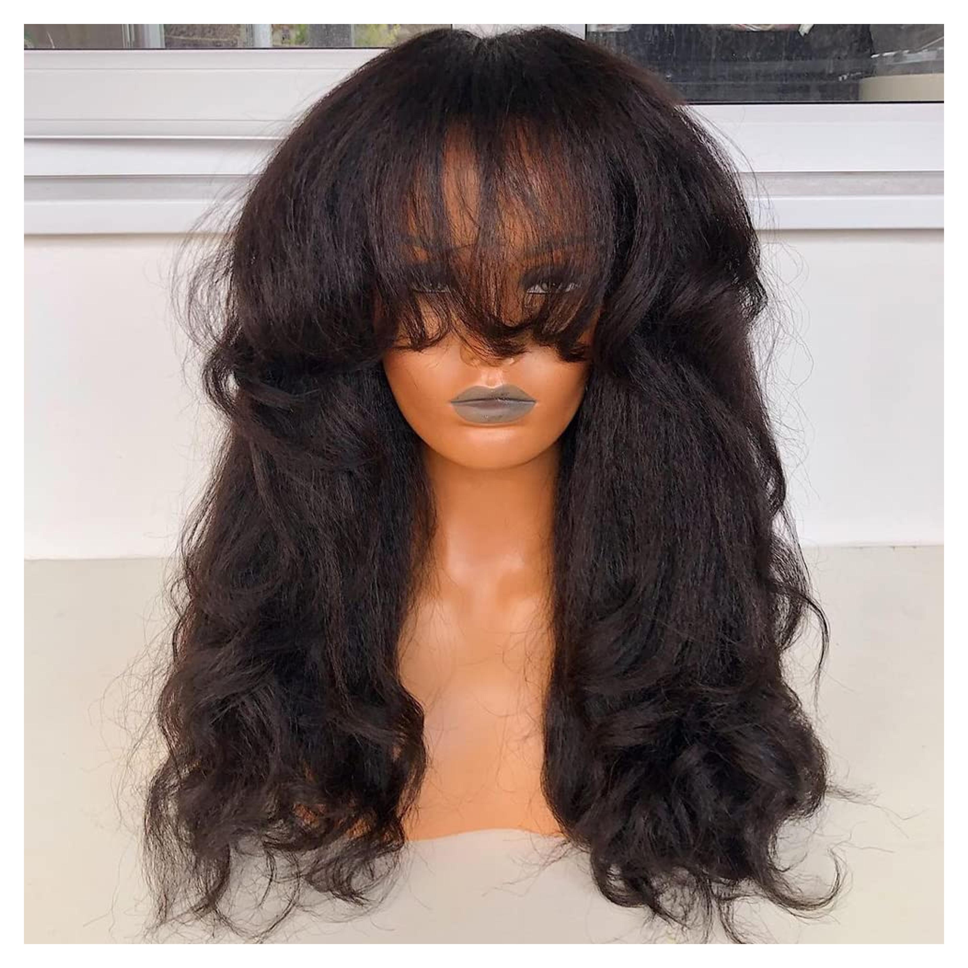 Amazon.com : JZhair 200 Density Yaki Wavy Wigs Brazilian Human Hair Scalp Top Full Machine Made Wig Yaki Wavy With Bangs Remy Human Hair For Women Natural Color 16 Inch : Beauty & Personal Care