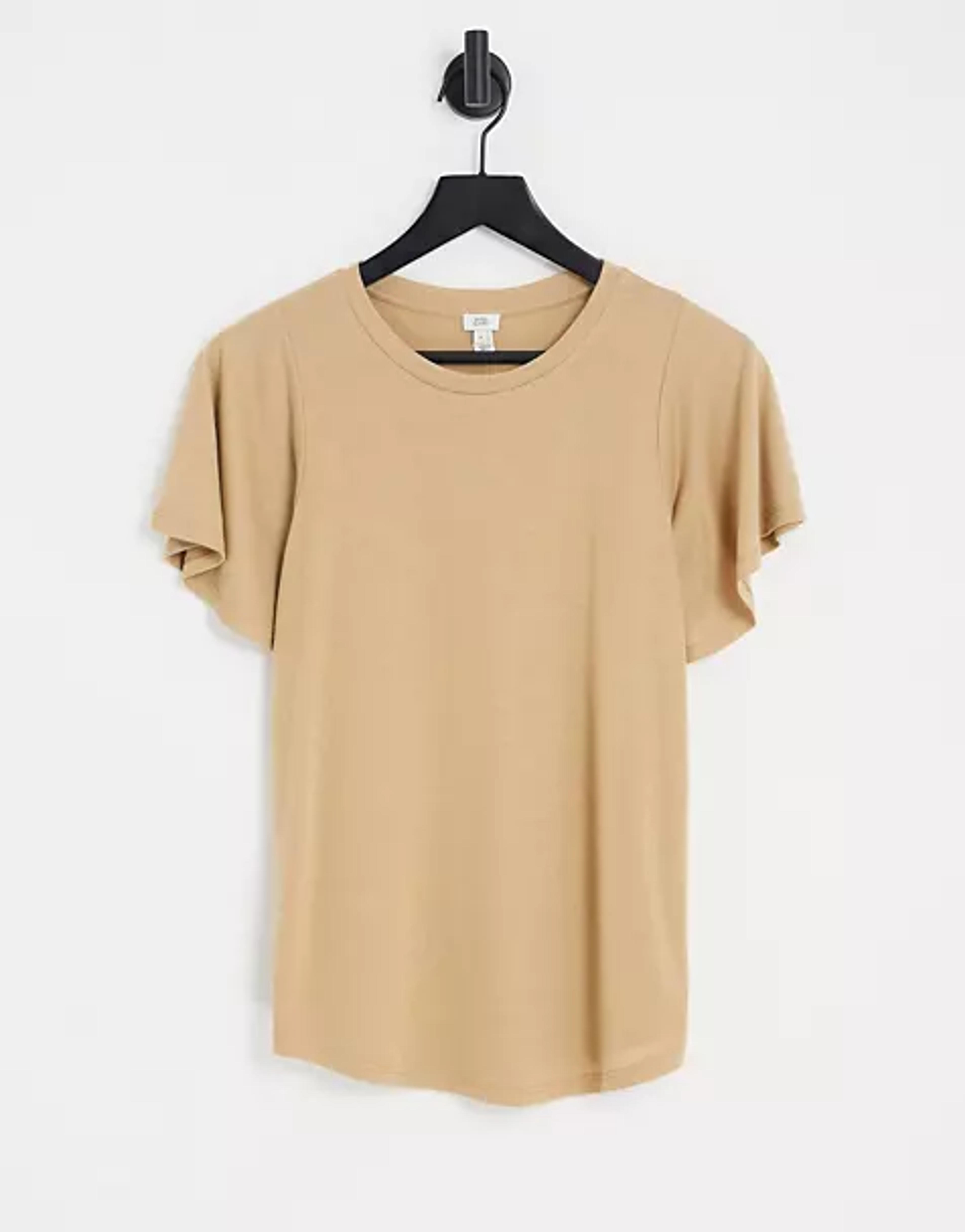 River Island flutter sleeve tee in beige | ASOS