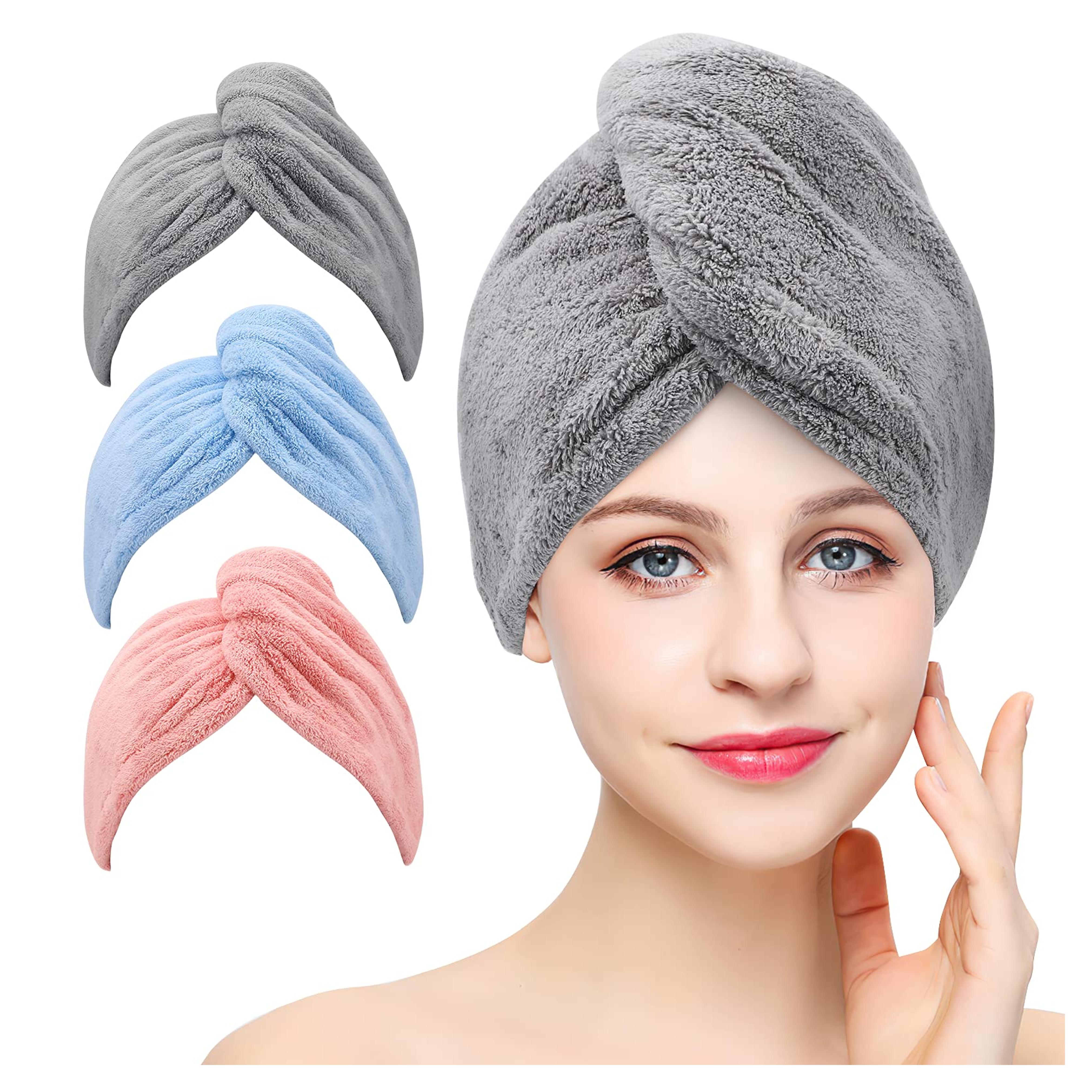 3 Pack Microfiber Hair Towel Wrap BEoffer Super Absorbent Twist Turban for Women Fast Drying Hair Caps with Buttons for Drying Curly, Long & Thick Hair Anti Frizz (Gray+Pink+Blue)