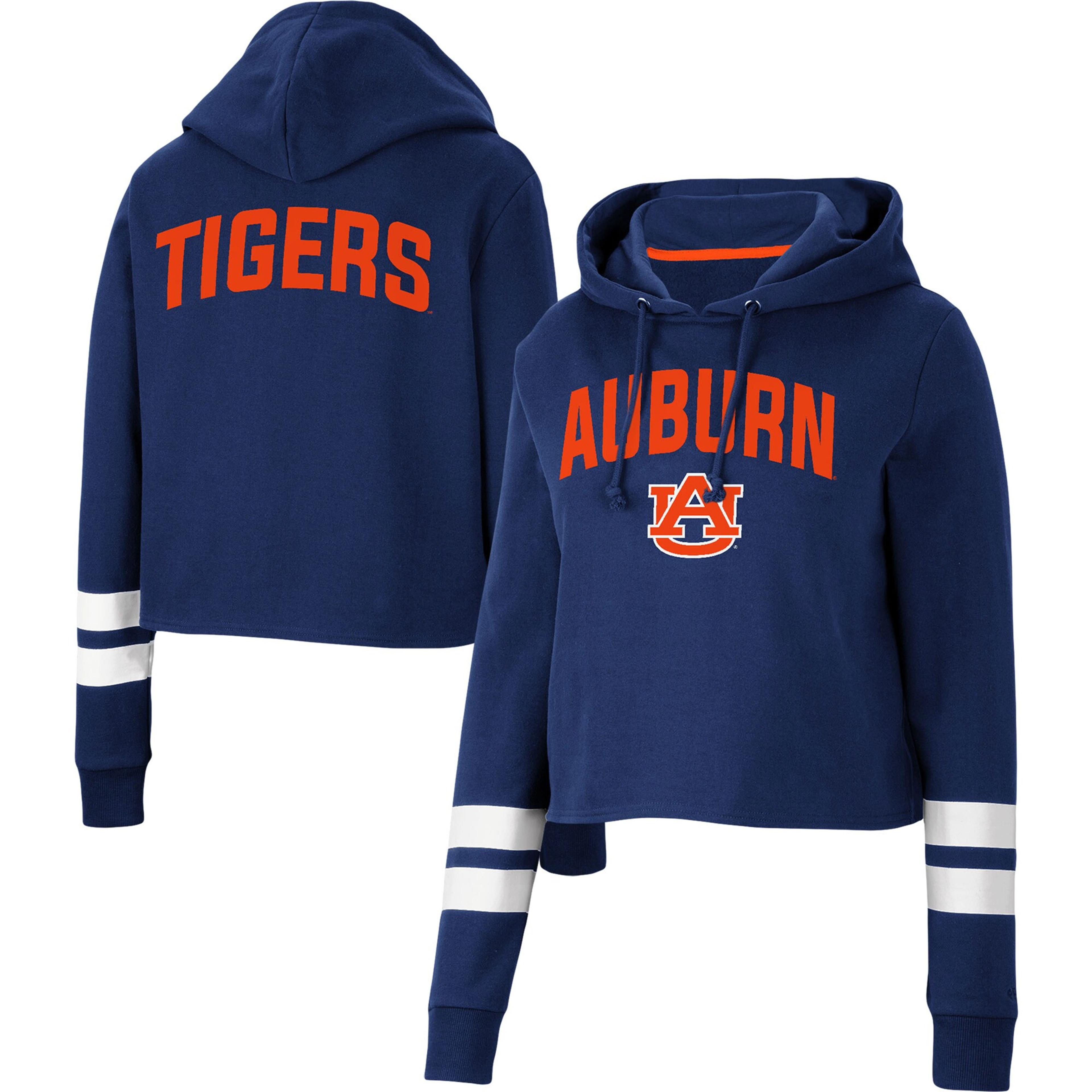 Women's Colosseum Navy Auburn Tigers Throwback Stripe Cropped Pullover Hoodie