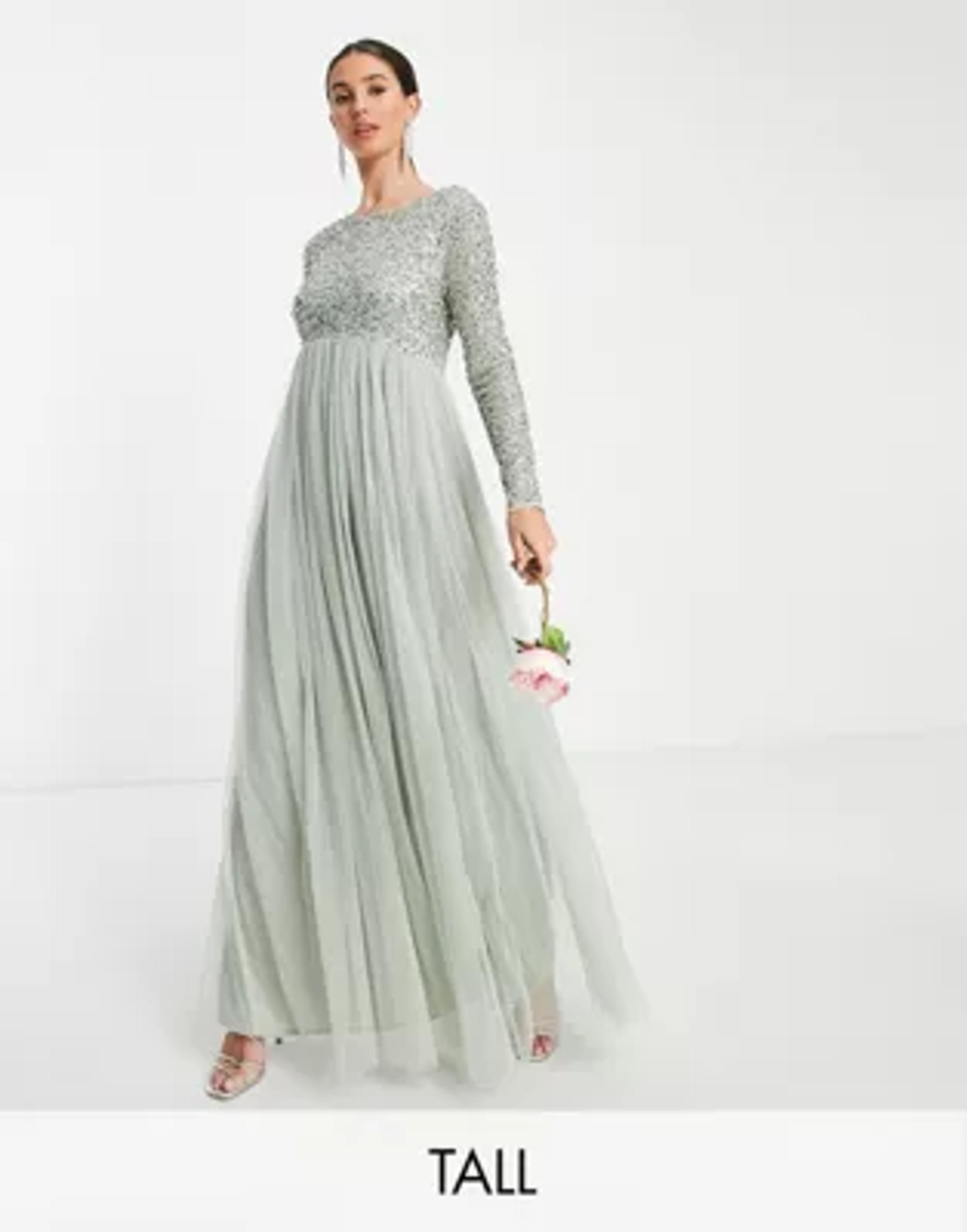 Maya Maternity Bridesmaid long sleeve maxi dress with delicate sequin in sage green | ASOS