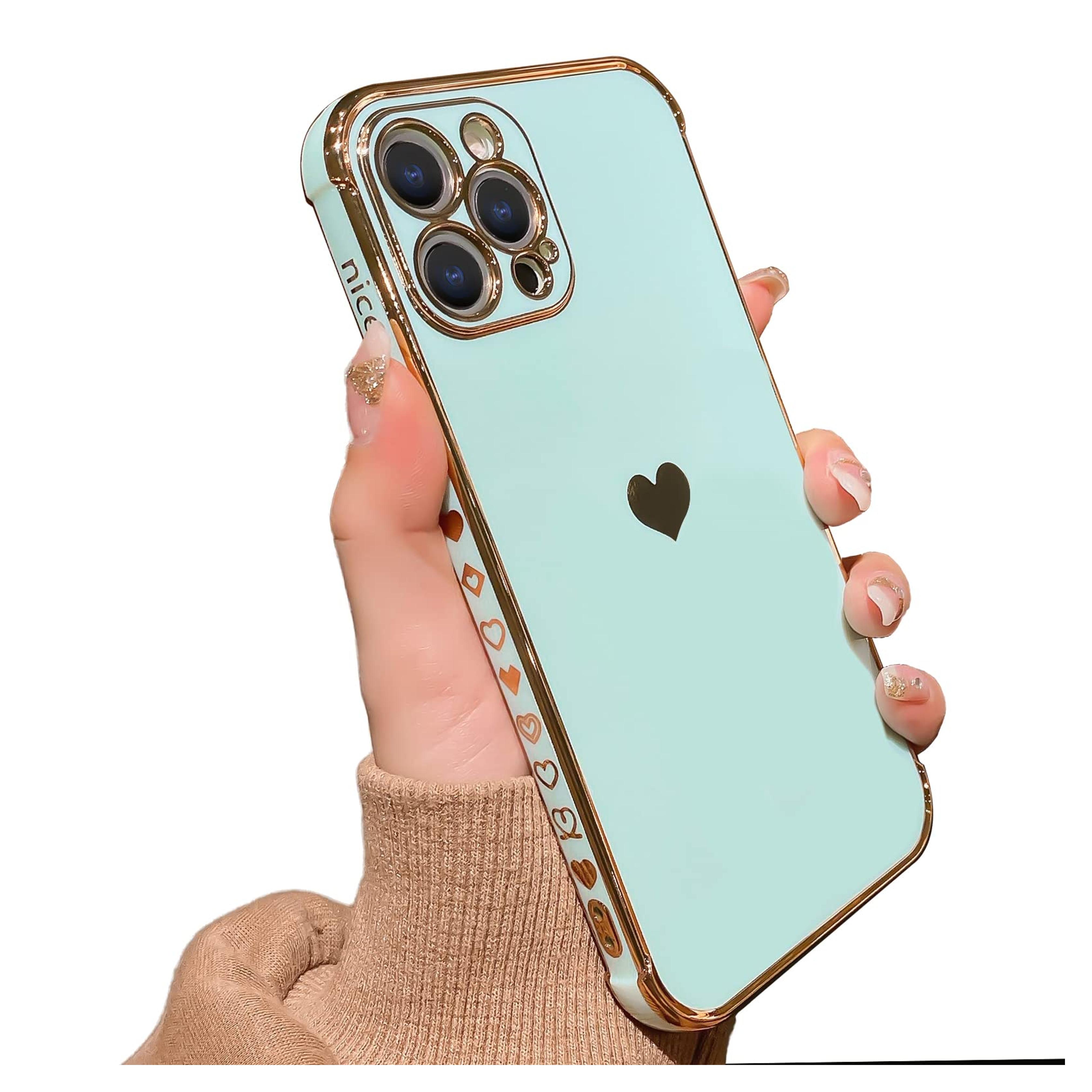 MTBacon Compatible with iPhone 12 Pro Max Case, Luxury Plating Love Heart Phone Case, Cute Side Small Love Pattern Soft TPU Shockproof Full Camera Lens Protective Case for iPhone 12 Pro Max - Green