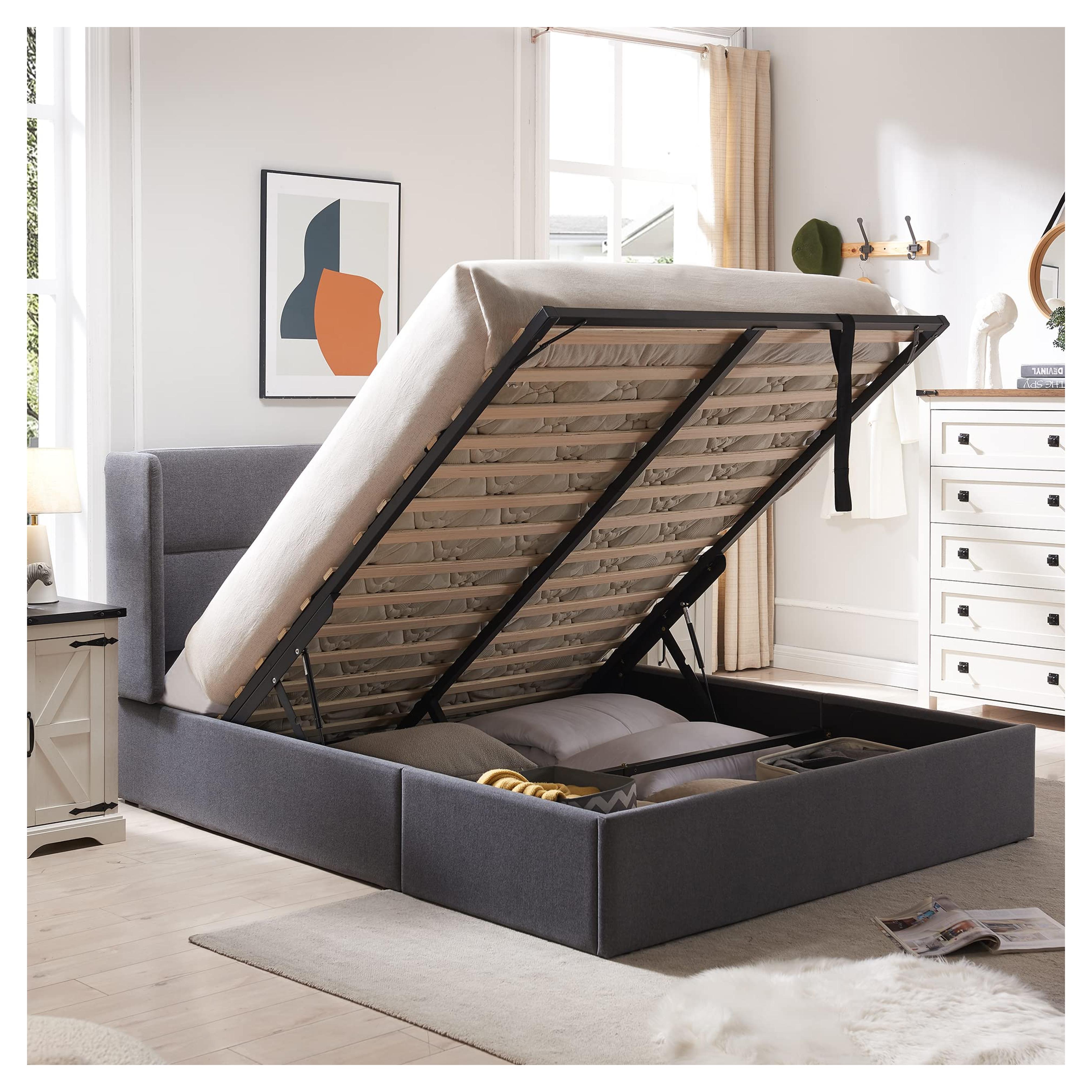 Amazon.com: Zanmintaobo Queen Bed Frame with Storage, Upholstered Platform Bed with Lift up Hydraulic System, Linen Fabric Wingback Headboard, Wood Slats Support, Easy Assembly, No Box Spring Needed, Light Grey : Home & Kitchen