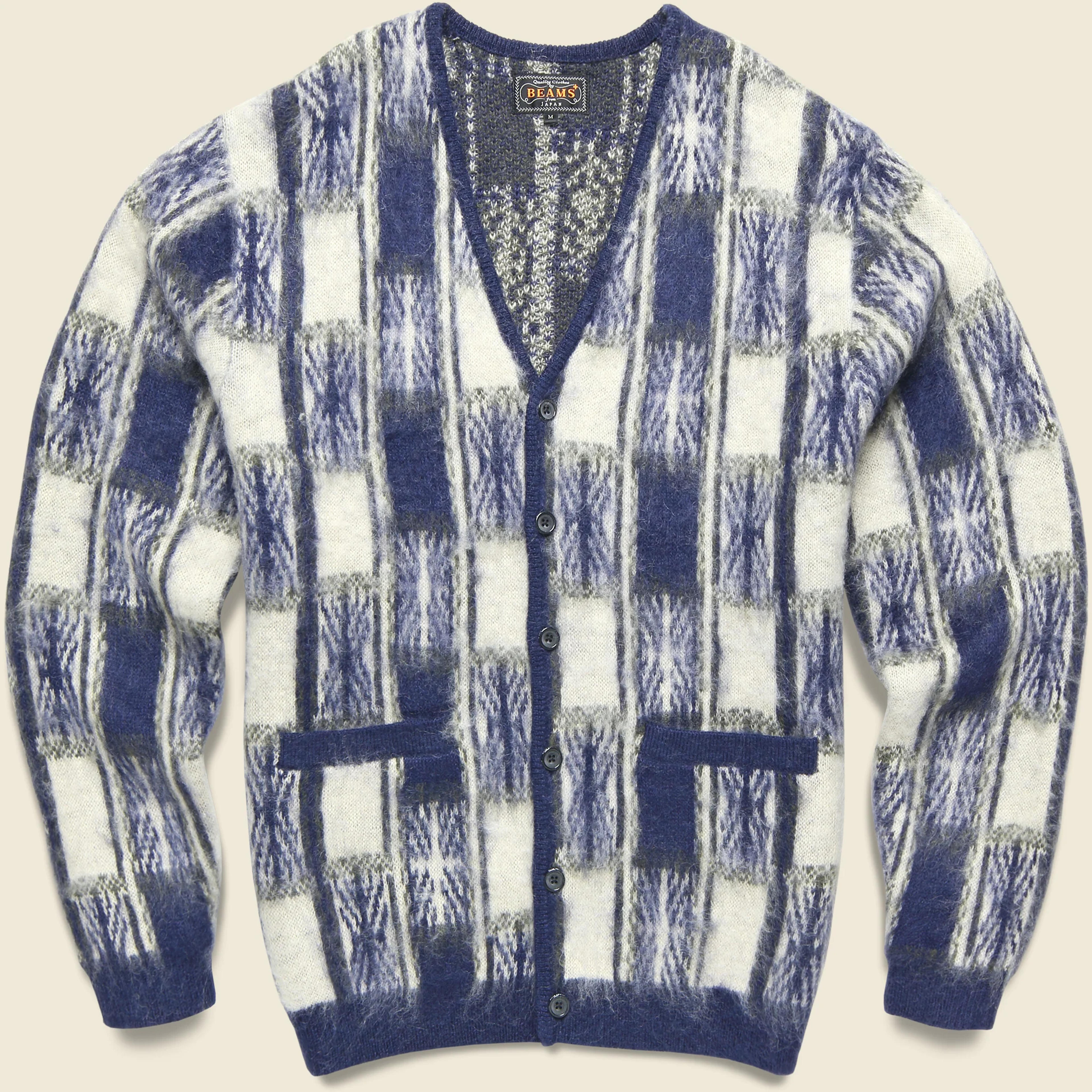 Double Jacquard Check Pattern Cardigan - Navy