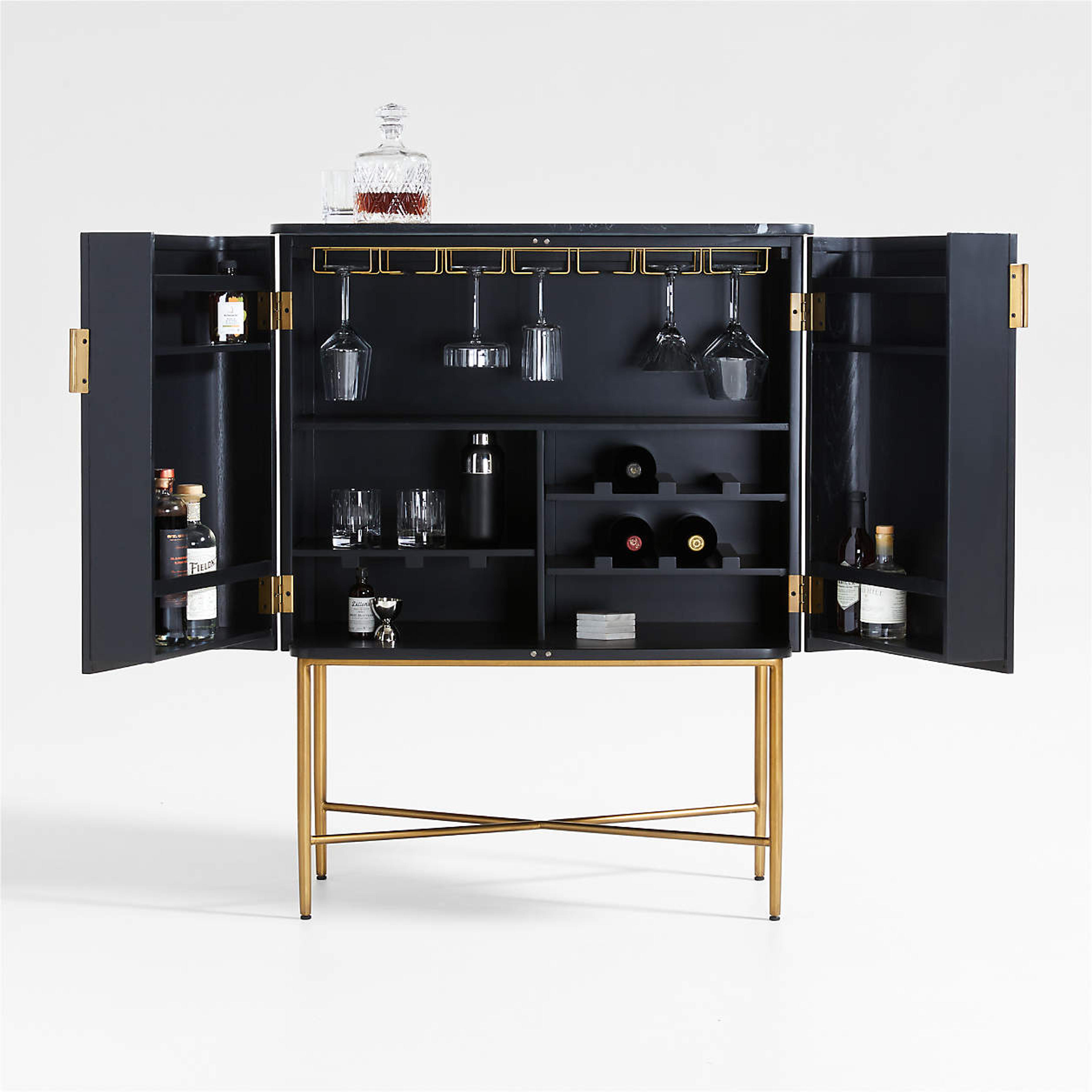 Fayette Black Nero Marquina Fluted Bar Cabinet with Storage + Reviews | Crate & Barrel