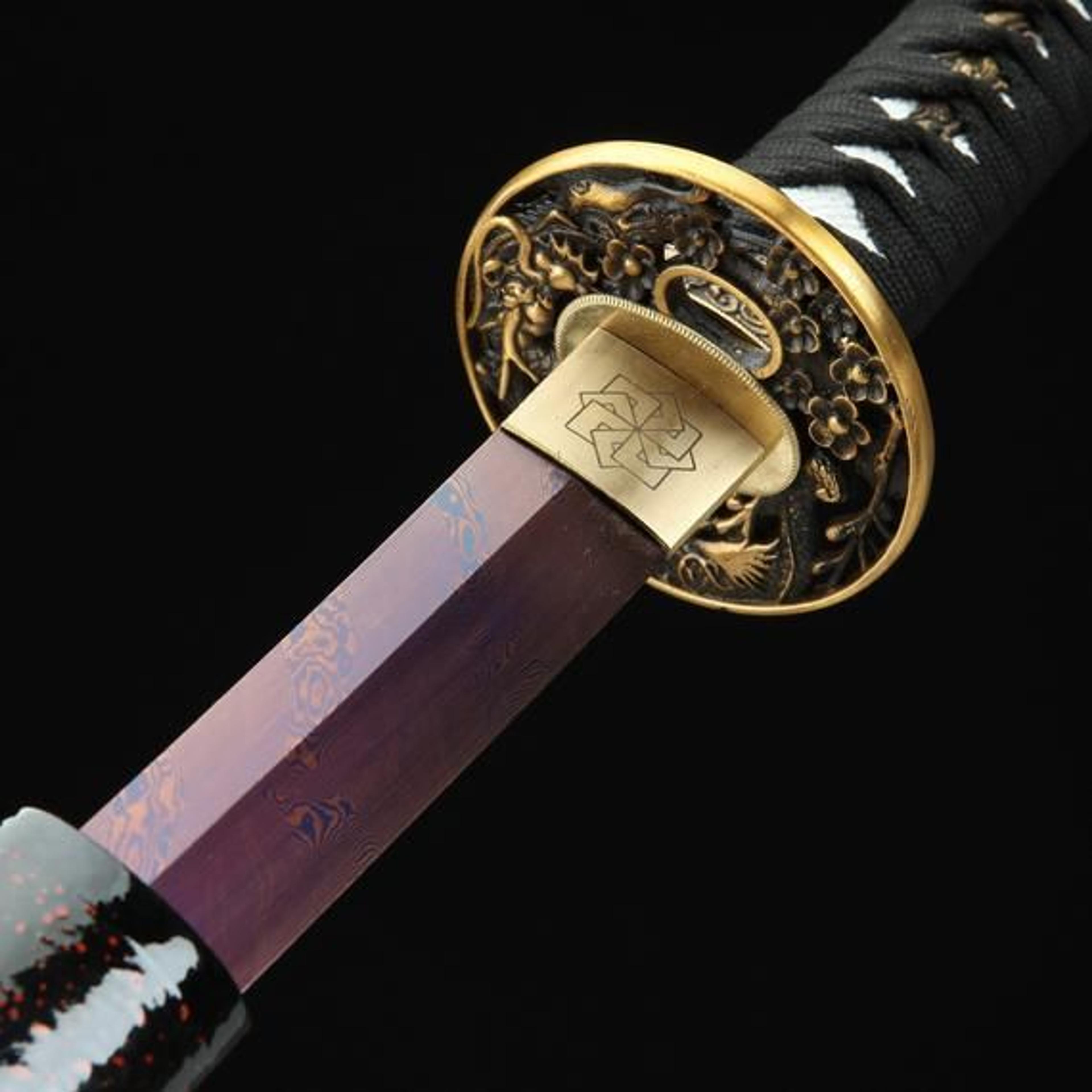 Handmade Damascus Steel Purple Blade Real Copper Dragon Tsuba Japanese Katana Samurai Swords