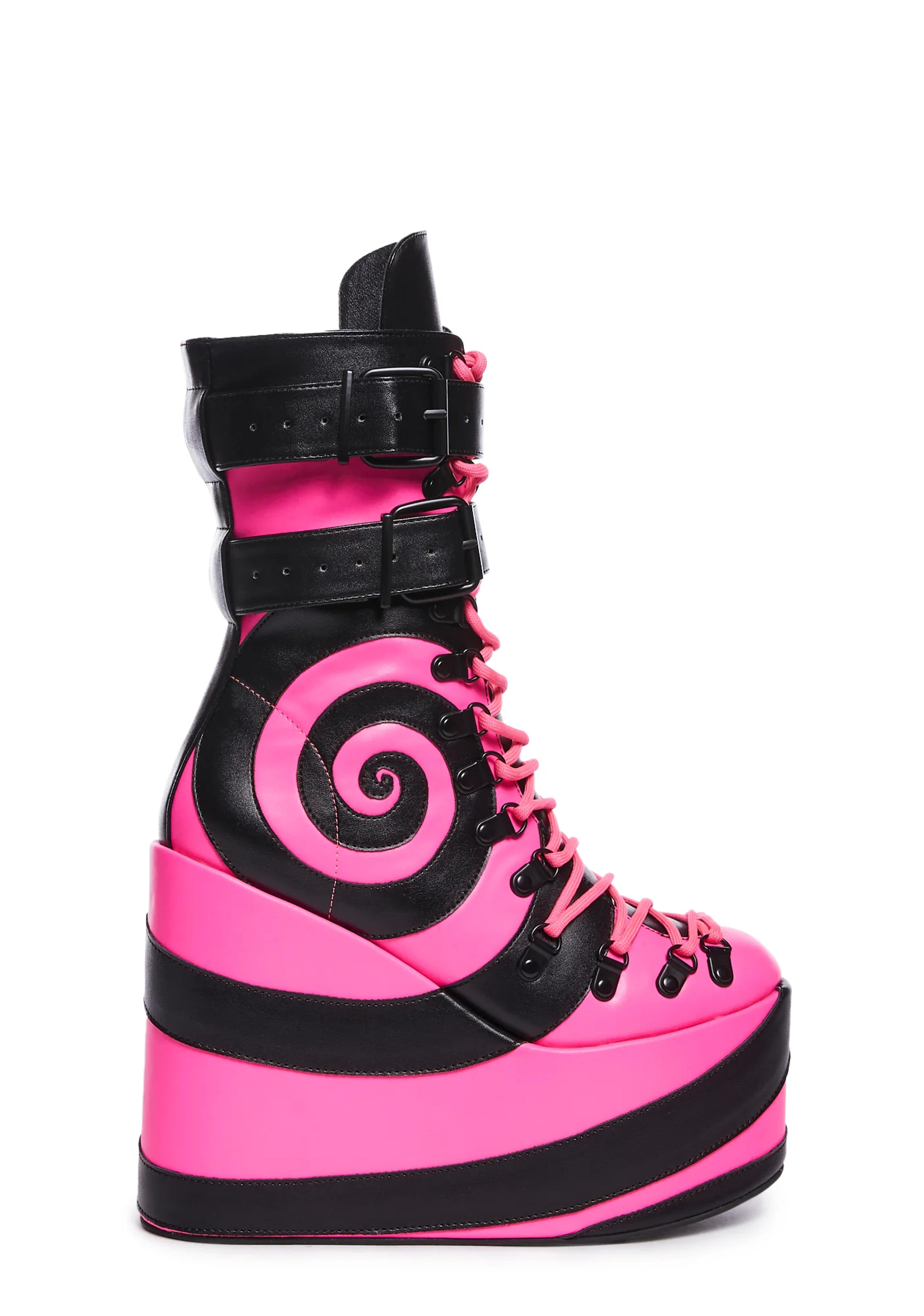 Club Exx Swirl Applique Platform Boots - Neon Pink/Black – Dolls Kill