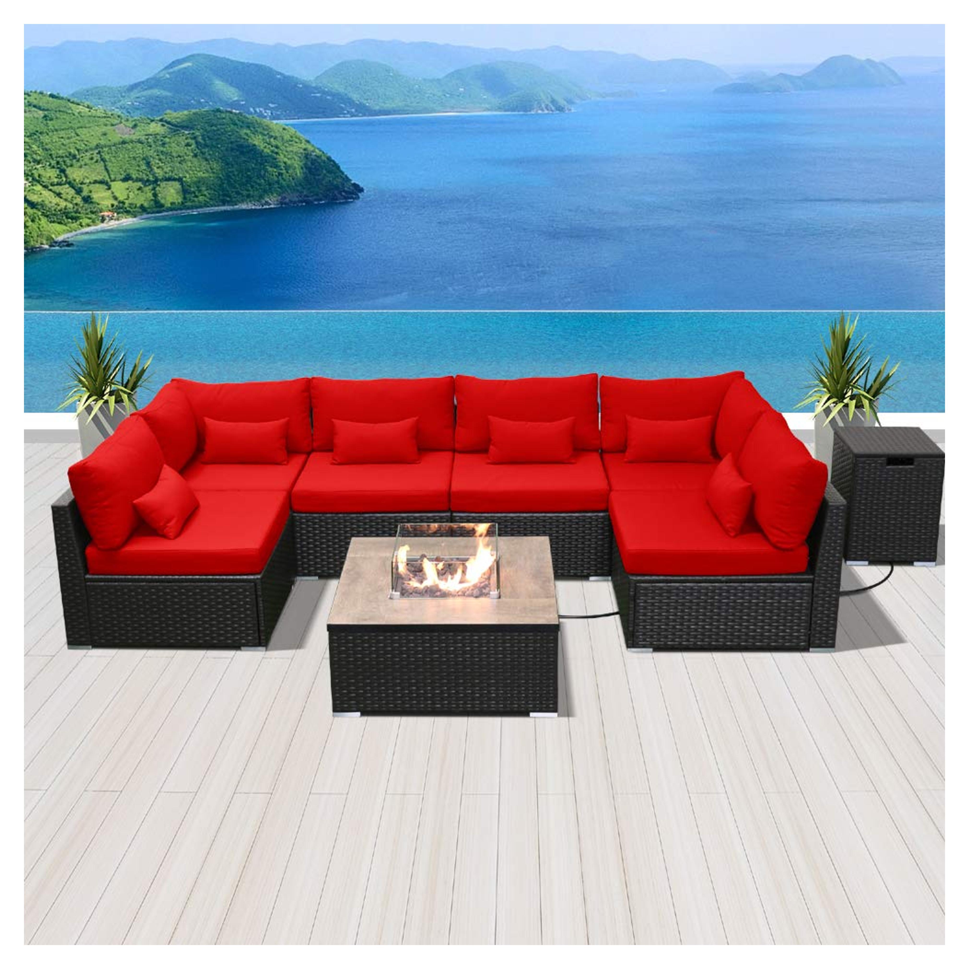DINELI Patio Furniture Sectional Sofa with Gas Fire Pit Table Outdoor Patio Furniture Sets Propane Fire Pit (red-Square Table)