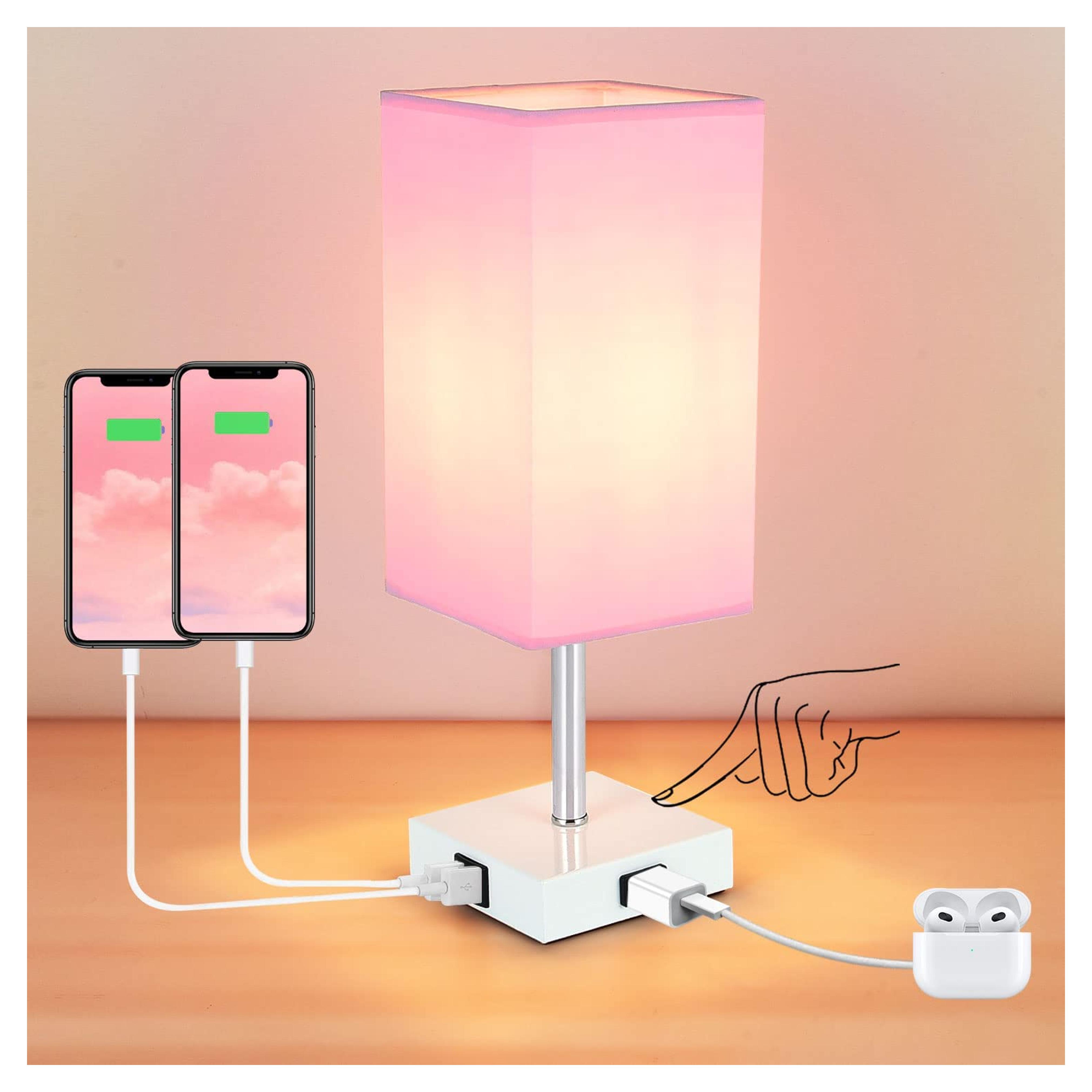 Woderdeng Bedside Lamp ,Table Lamp with 2 USB Port and Outlet, 3 Way Dimmable Touch Lamp, Pink Lamp with White Base and Pink Shade, Nightstand Lamp for Bedrooms Living Room (Bulb Included), Pink