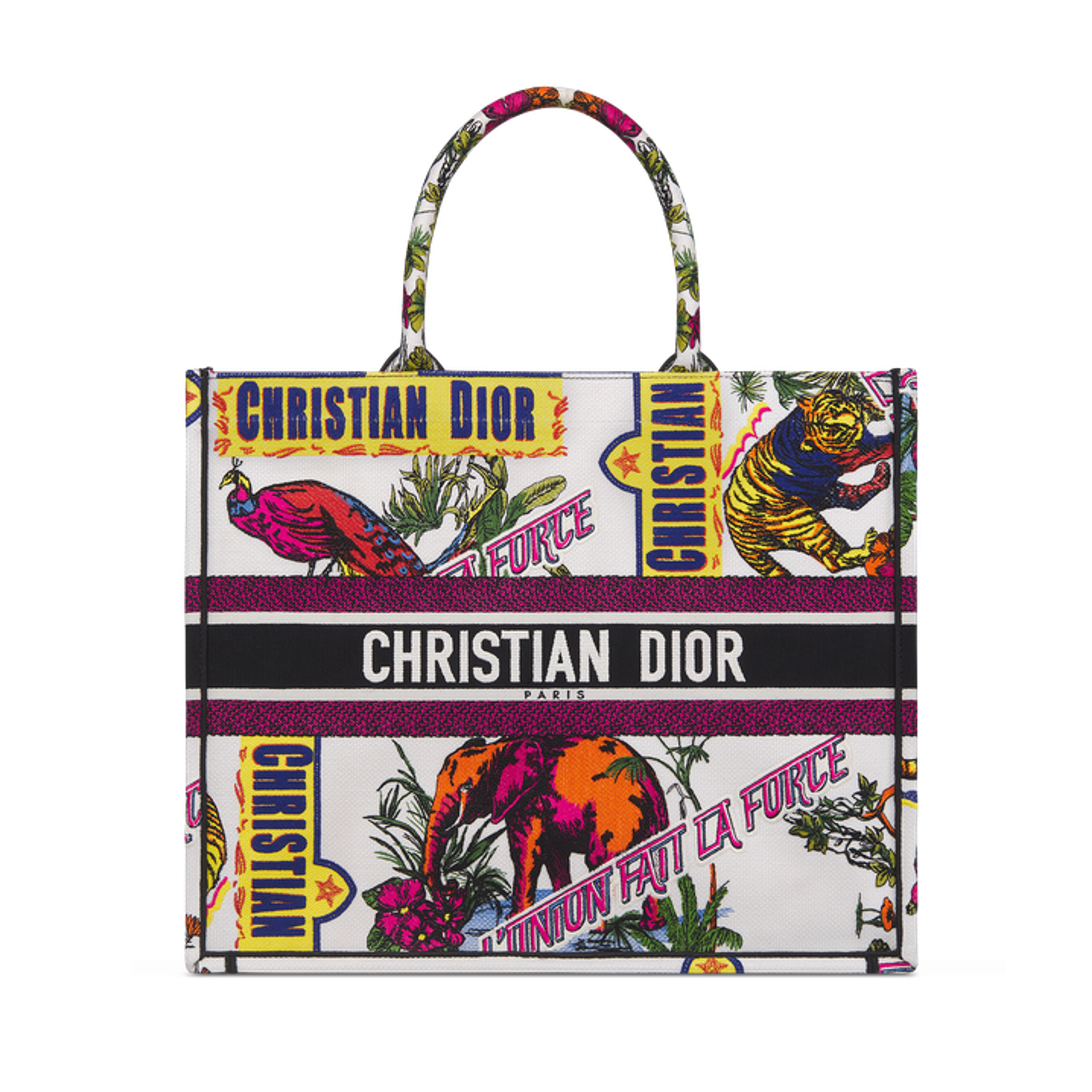 Large Dior Book Tote White Multicolor Indian Animals Embroidery (42 x 35 x 18.5 cm) | DIOR