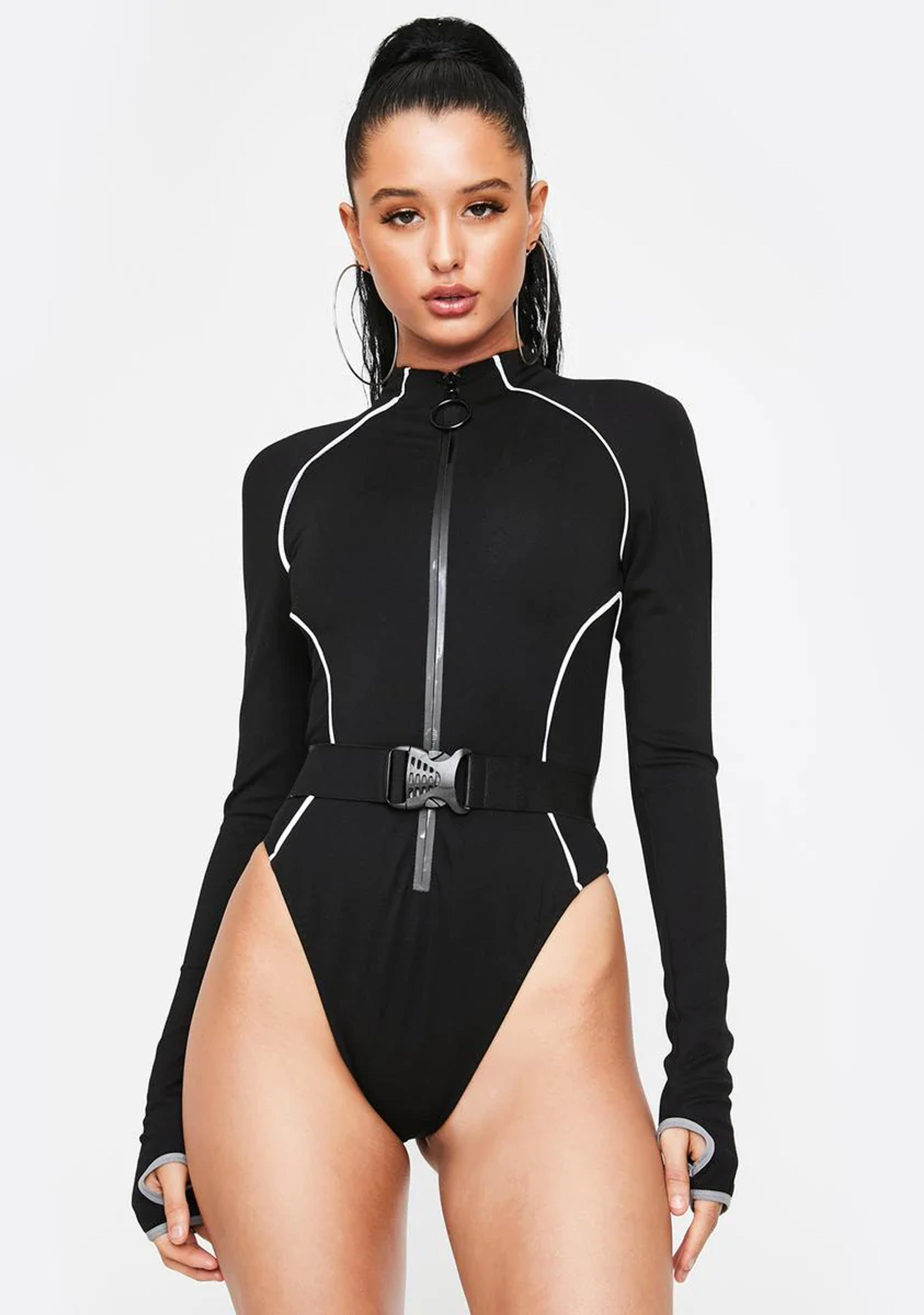 Poster Grl Sporty Mesh Panel Bodysuit - Reflective Black – Dolls Kill