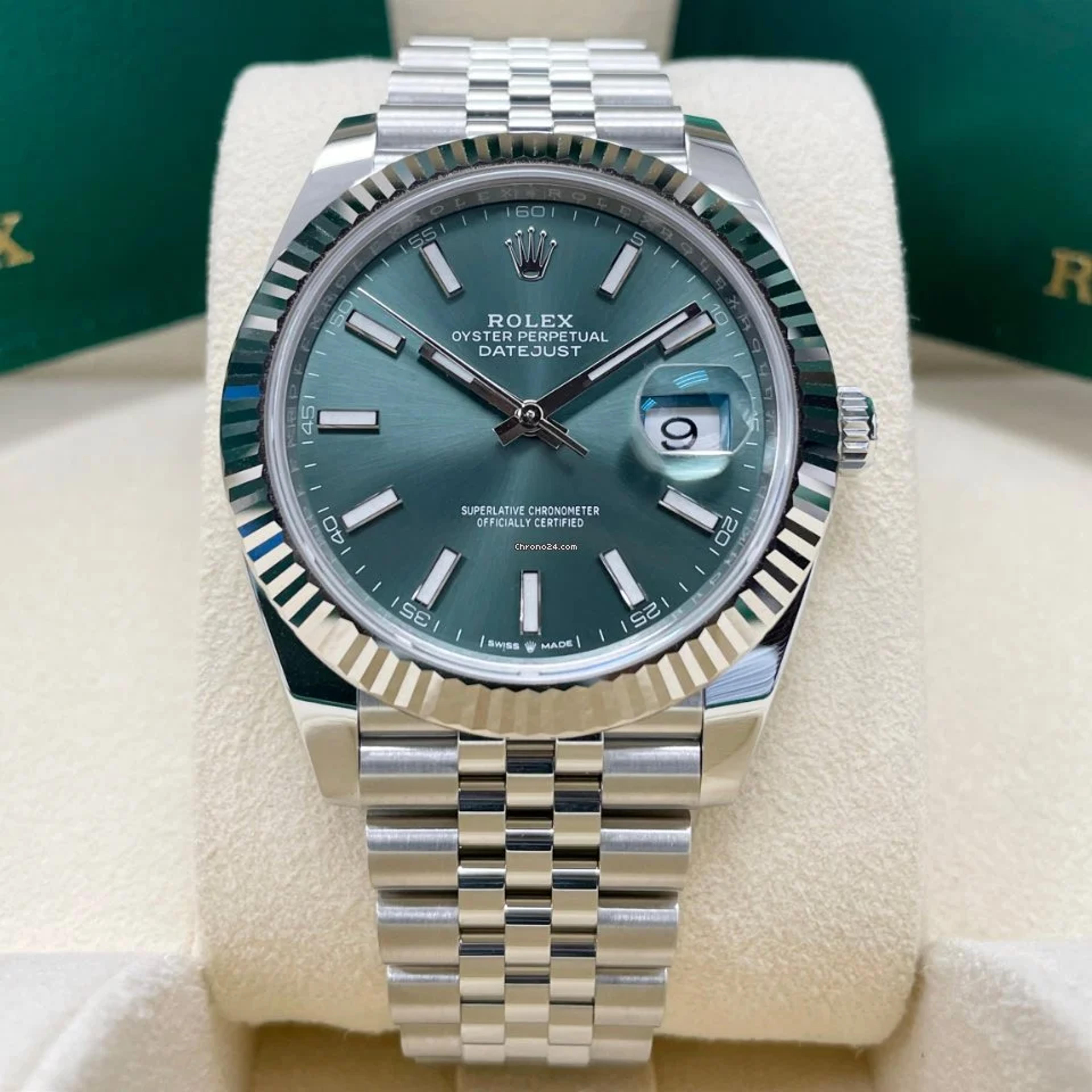 Rolex 2022 Datejust 41mm Fluted Bezel 126334 Mint Green Dial... for $15,825 for sale from a Trusted Seller on Chrono24