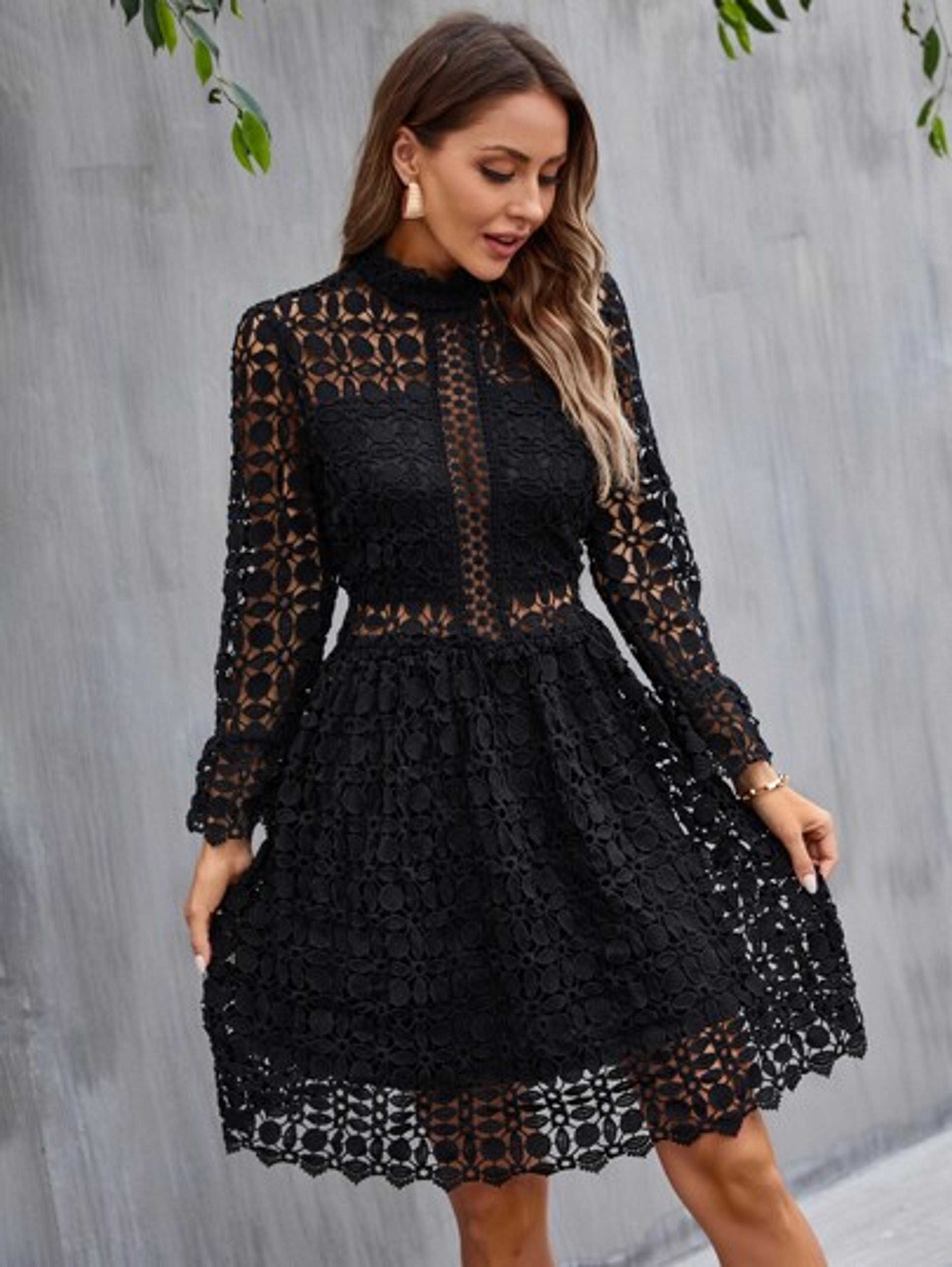 Eilly Bazar Mock Neck Lace Flounce Sleeve Dress | SHEIN USA