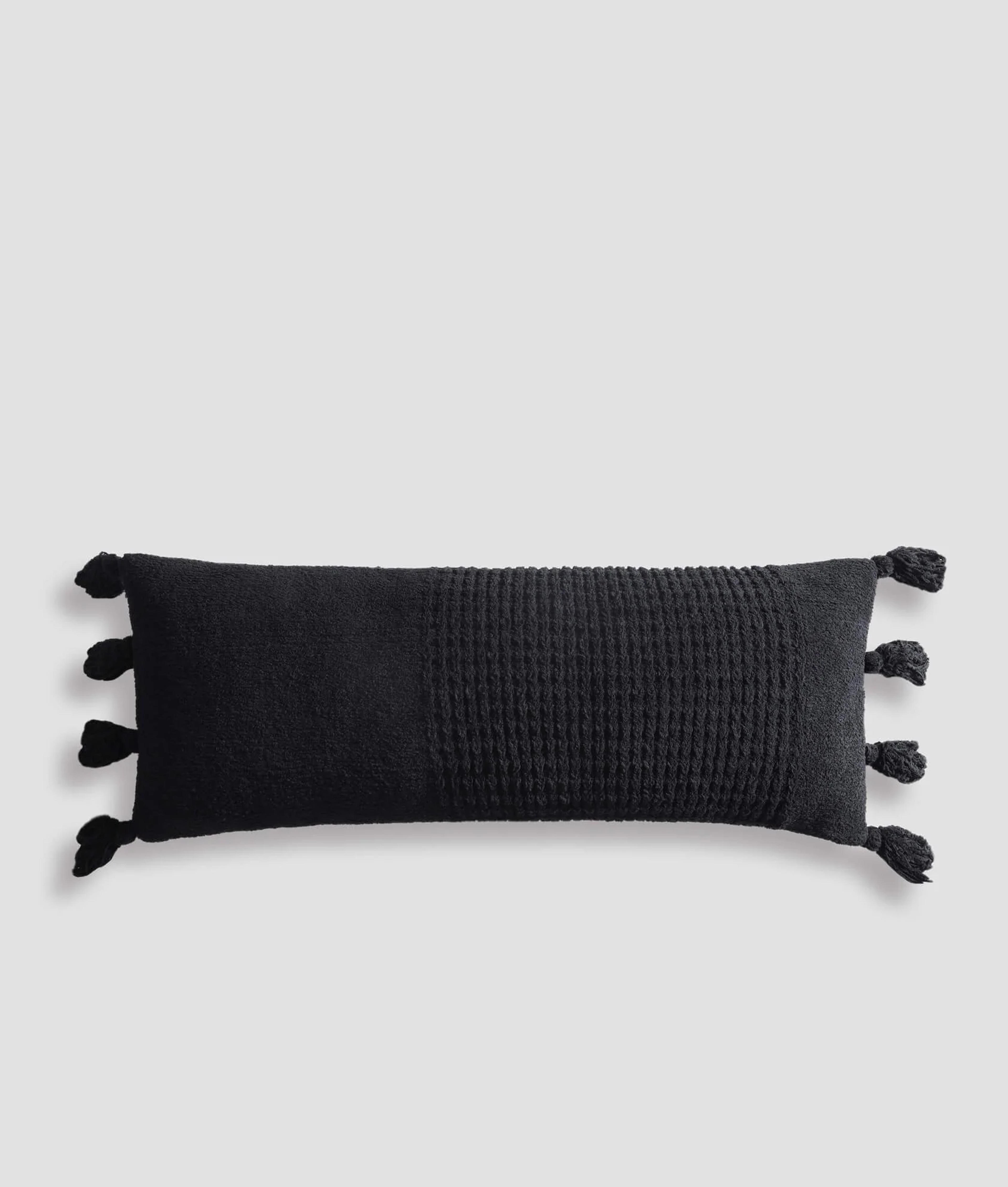 Braided Pom Pom Lumbar Pillow - Black / 14 x 36"