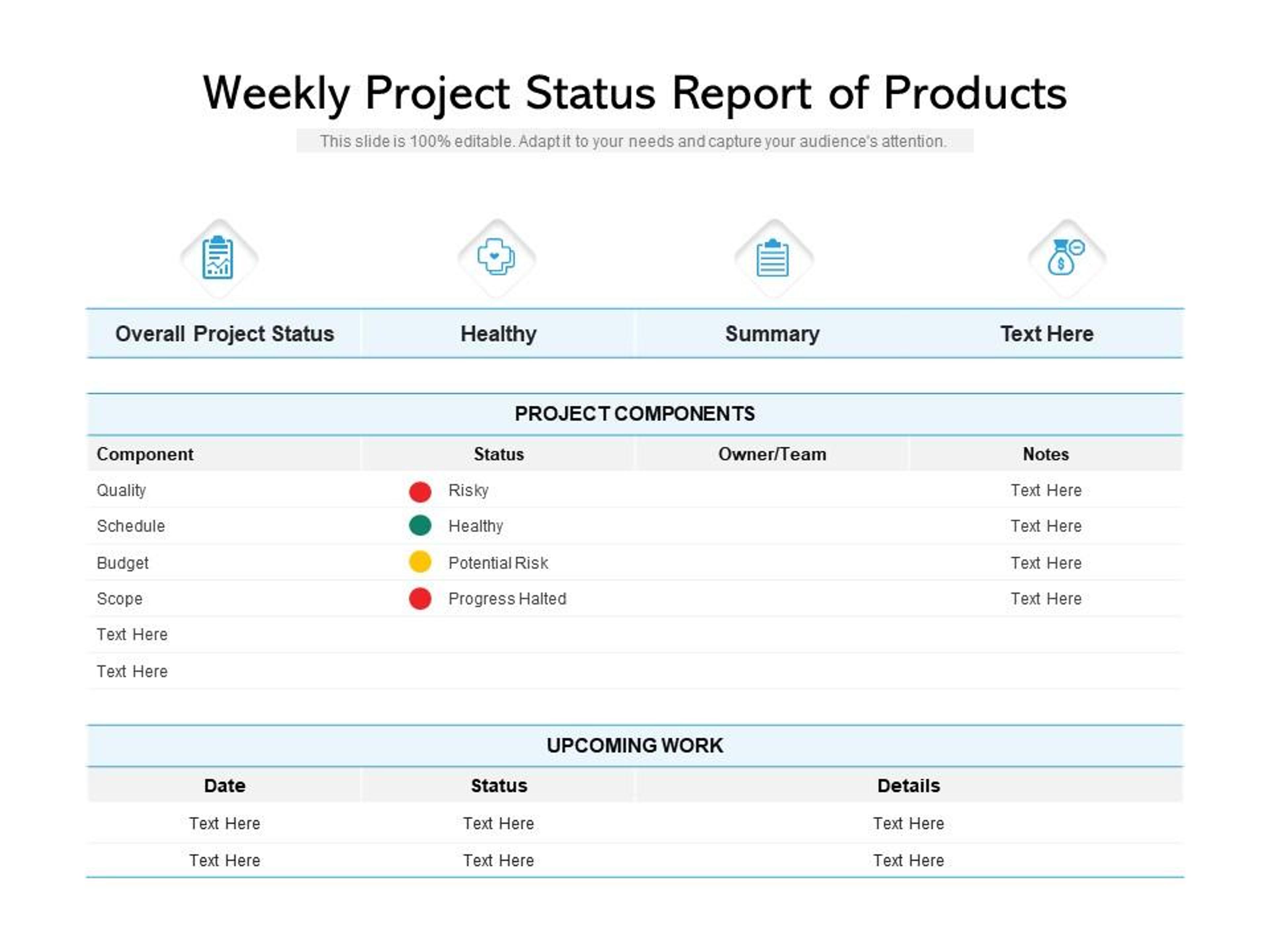 Weekly Project Status Report Of Products | PowerPoint Presentation Designs | Slide PPT Graphics | Presentation Template Designs