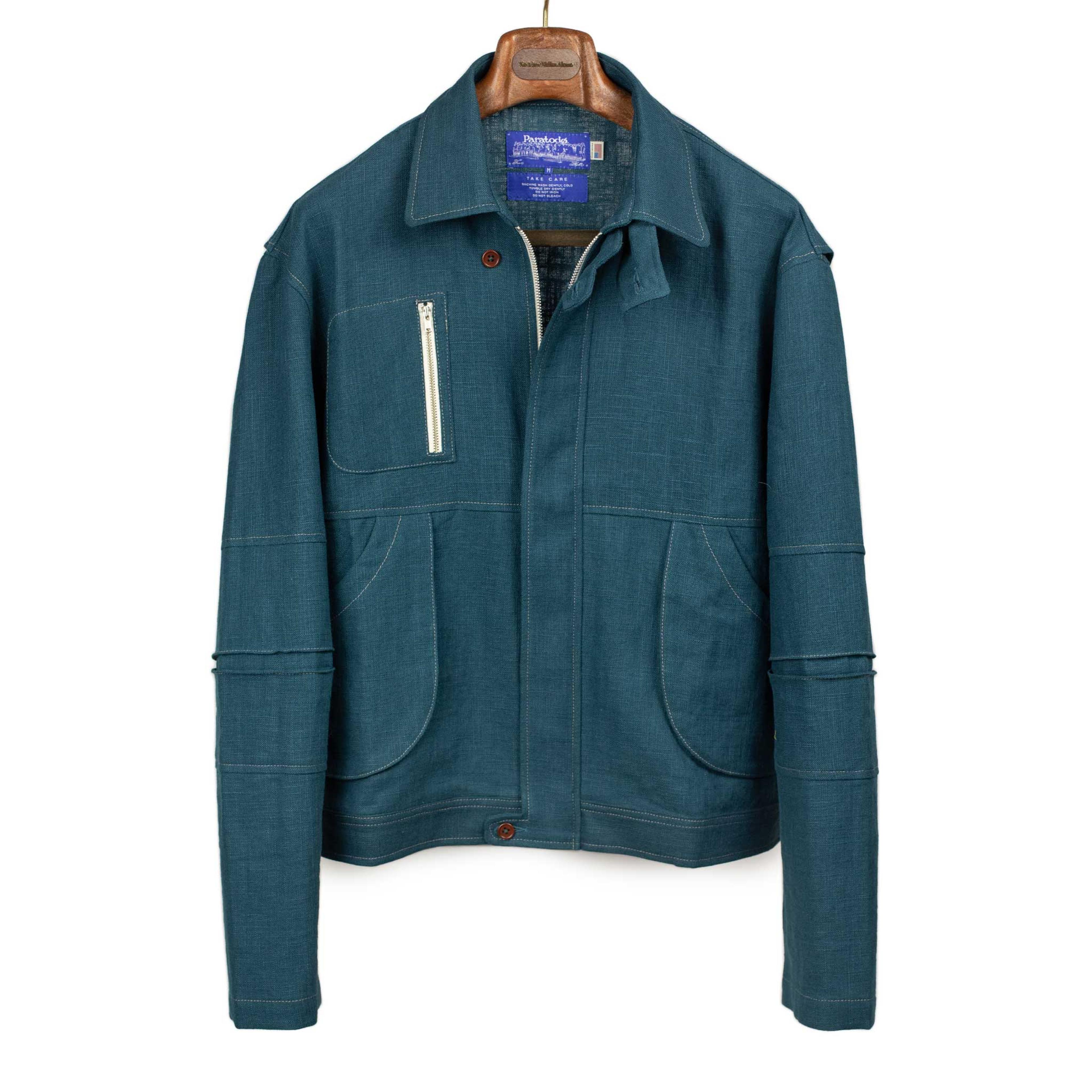 Paratodo Pine Blouson in petrol blue linen sack cloth – No Man Walks Alone