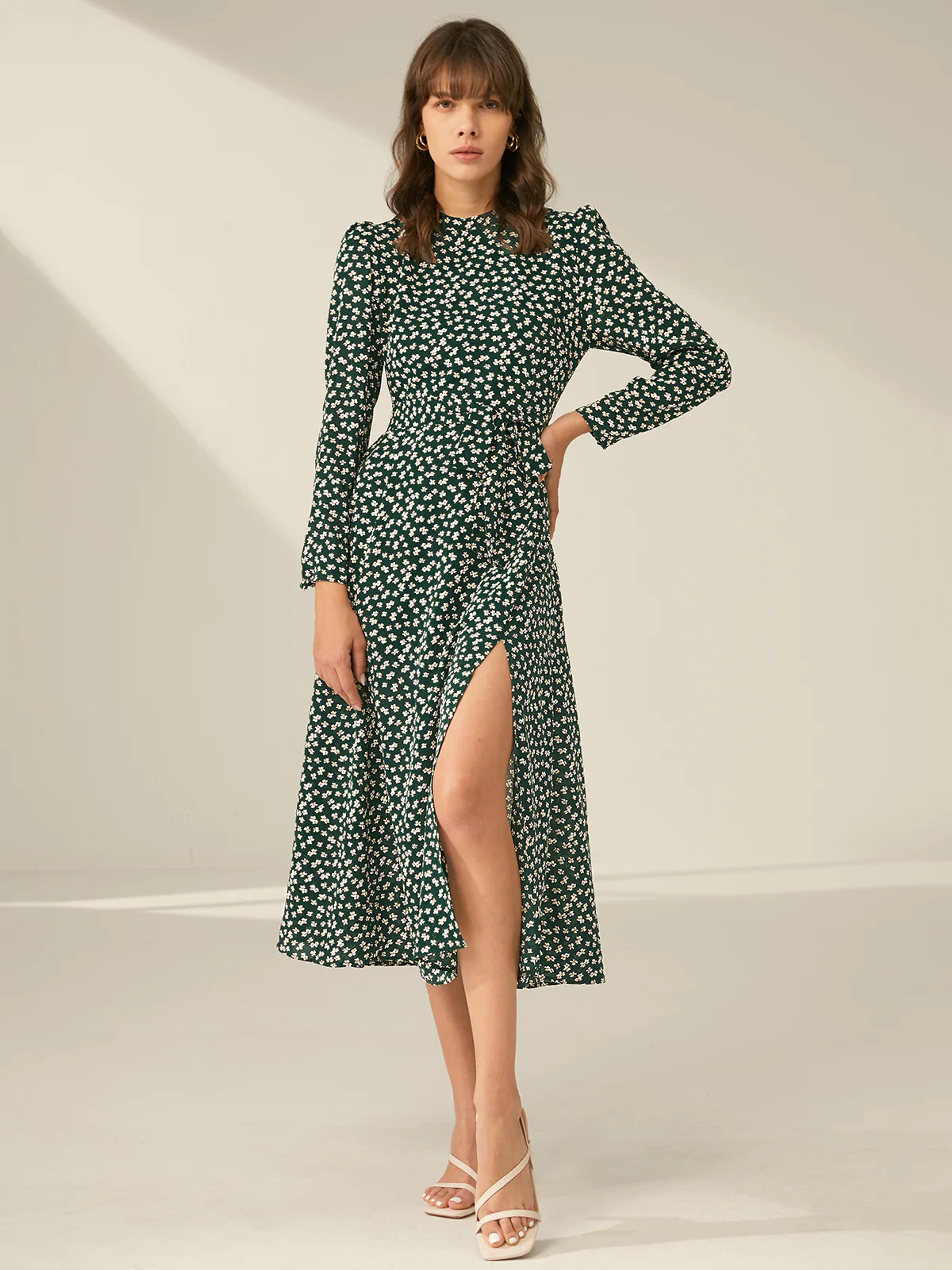 High Neck Belted Long Sleeve Floral Slit Dress – COMMENSE