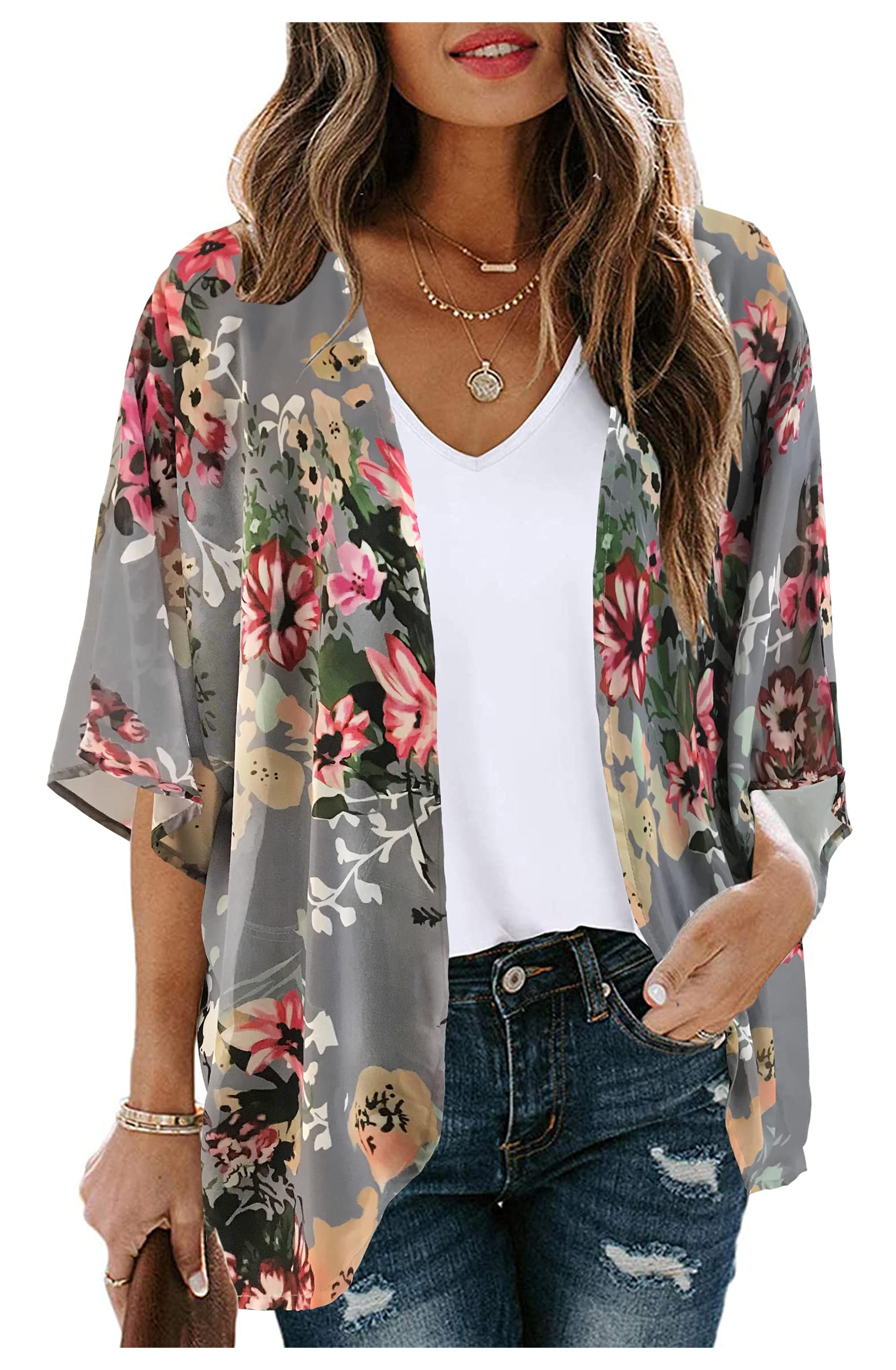 Women's Floral Print Puff Sleeve Kimono Cardigan Loose Cover Up Casual Blouse Tops