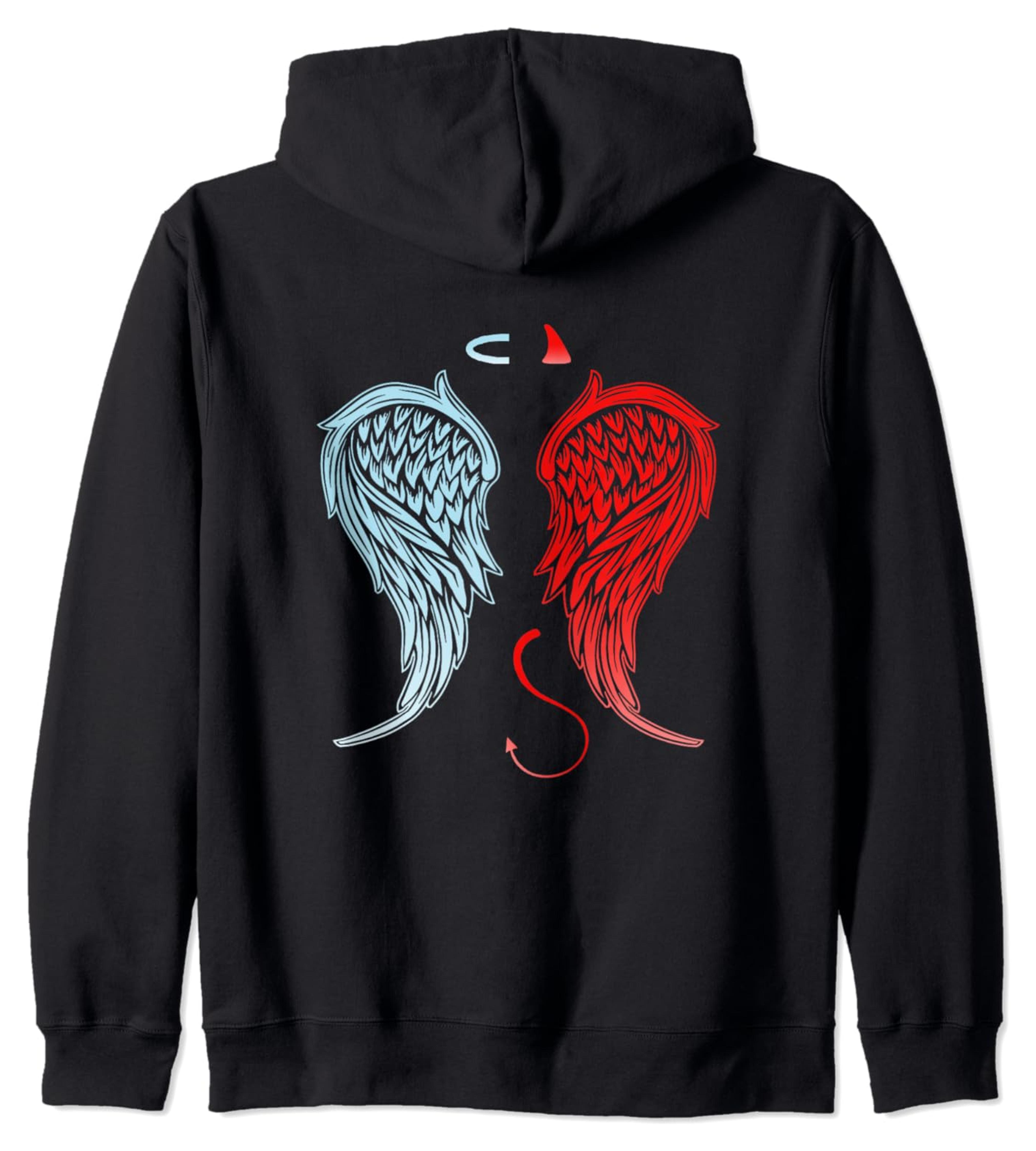 Half Angel Devil Wings on Back Halo Horns Tail Halloween Zip Hoodie