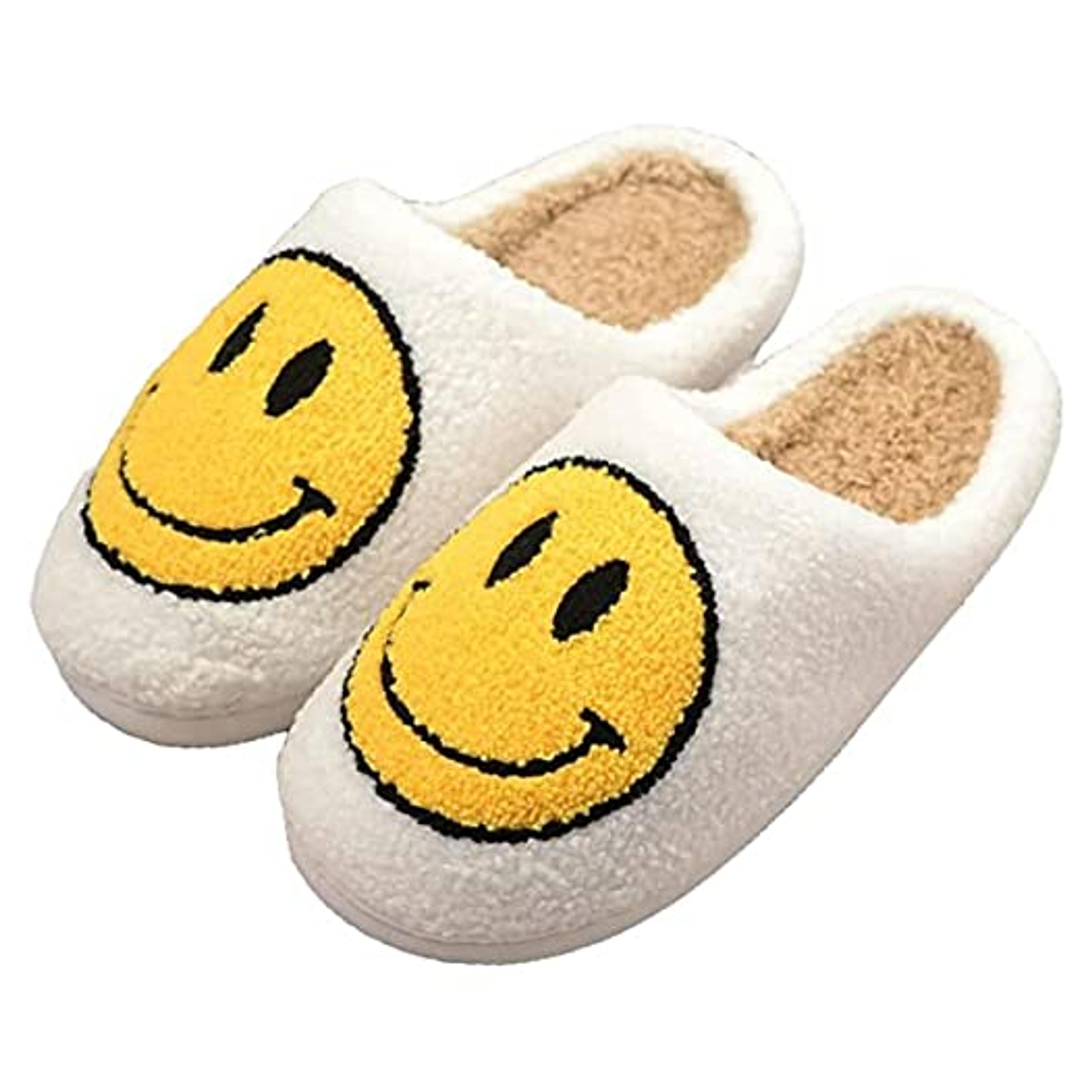 Retro Smiley Face Slipppers for Women and Men - Cozy Trendy Comfy Warm Plush Soft Scuff Slip on Anti-Skid Sole Slip-on Slipper for Indoor Outdoor Use