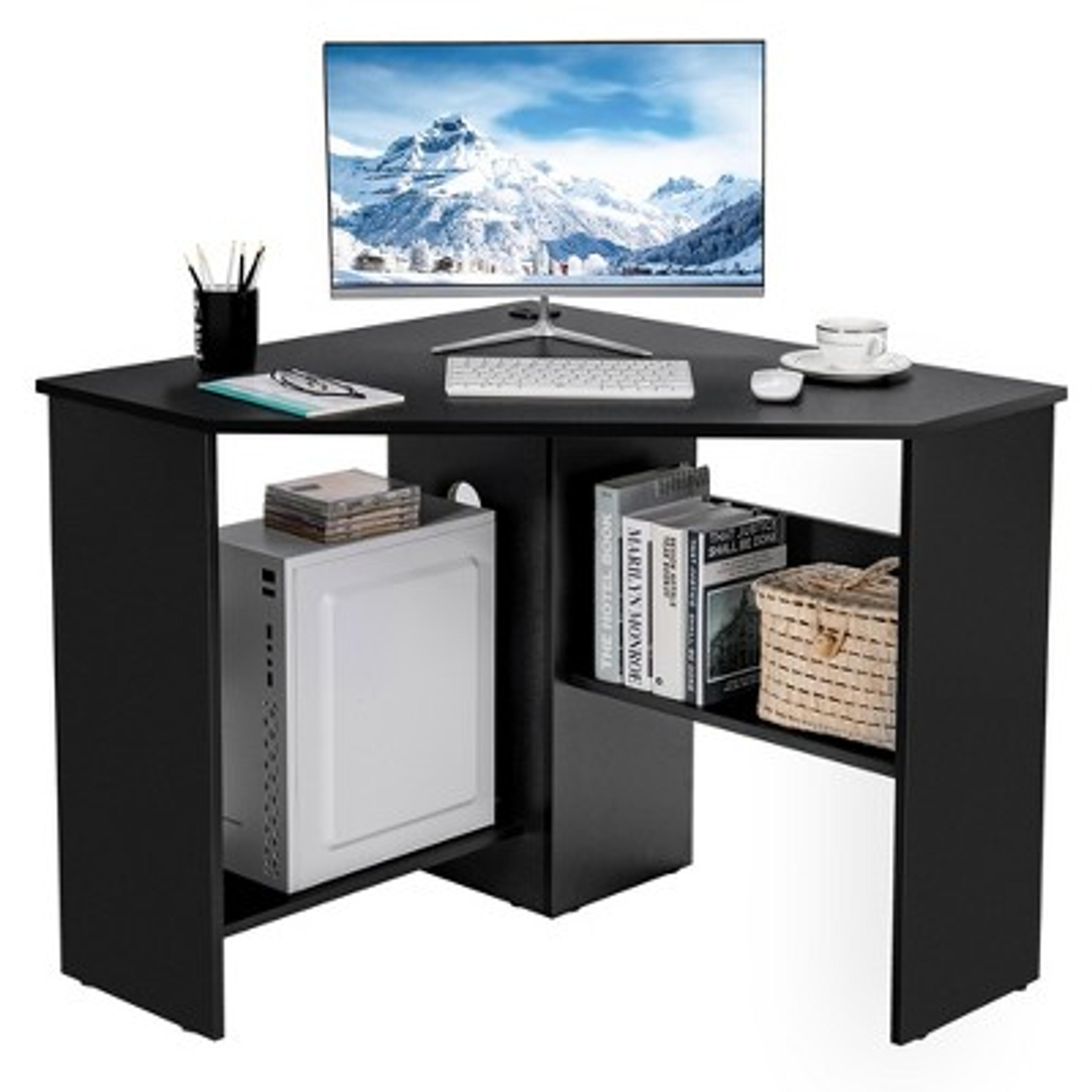 Costway Corner Computer Desk Triangle Writing Workstation W/ Storage Shelf White\black : Target