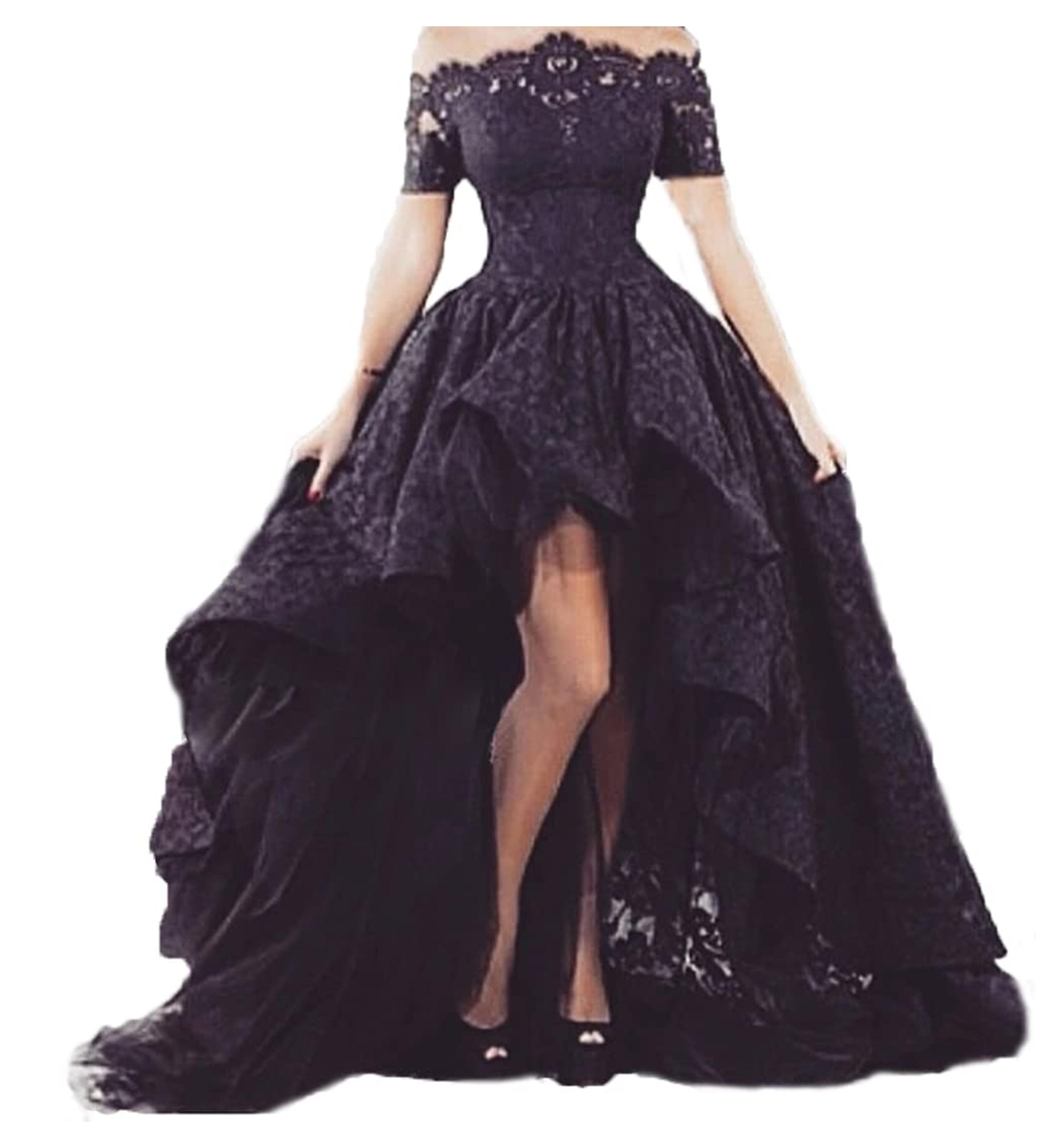Diandiai Off Shoulder Hi Lo Gothic Prom Dresses for Women Short Sleeve Lace Evening Dresses Plus Size Black 4 at Amazon Women’s Clothing store