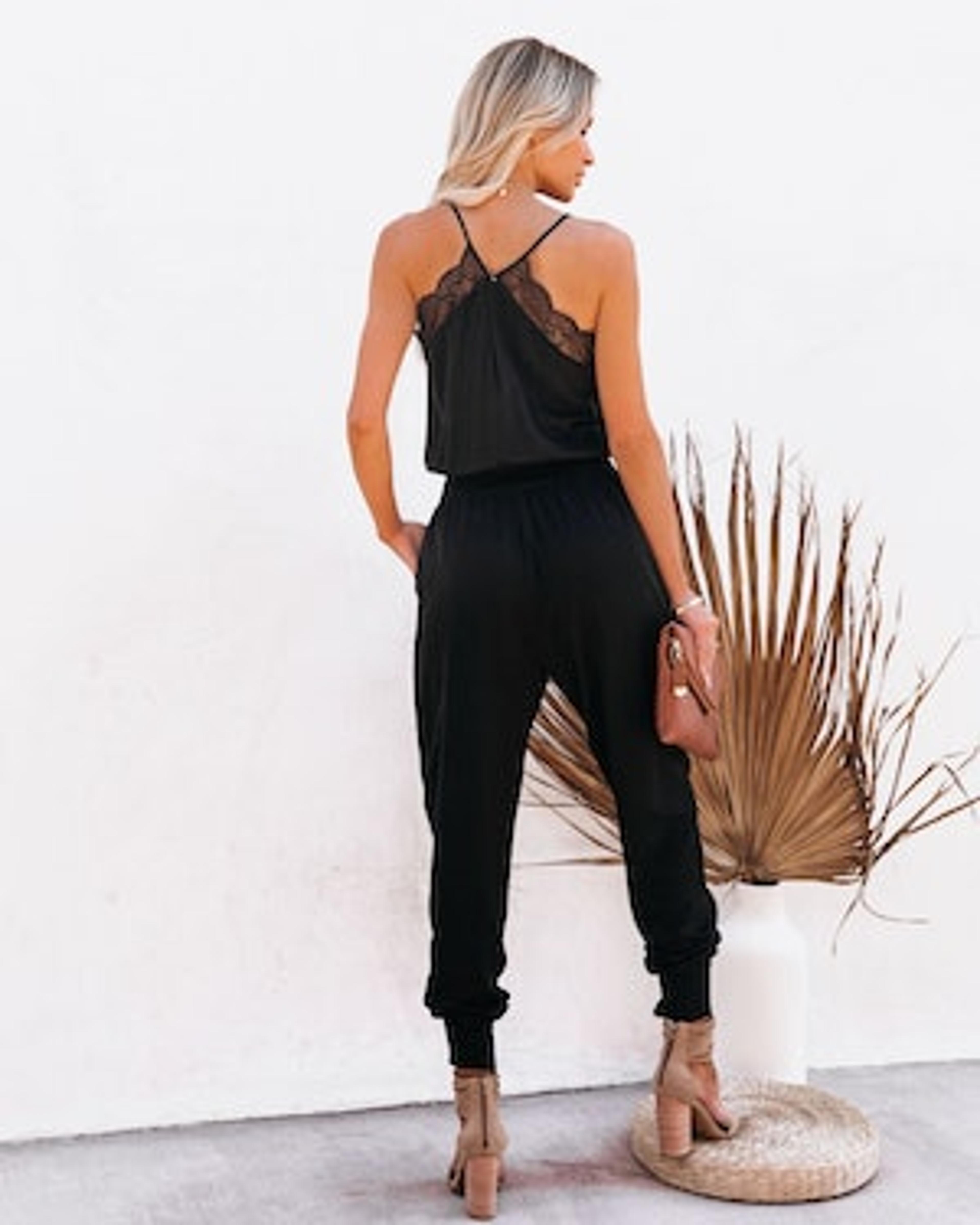 PREORDER - Kaylie Tencel Pocketed Lace Cami Jumpsuit - Black