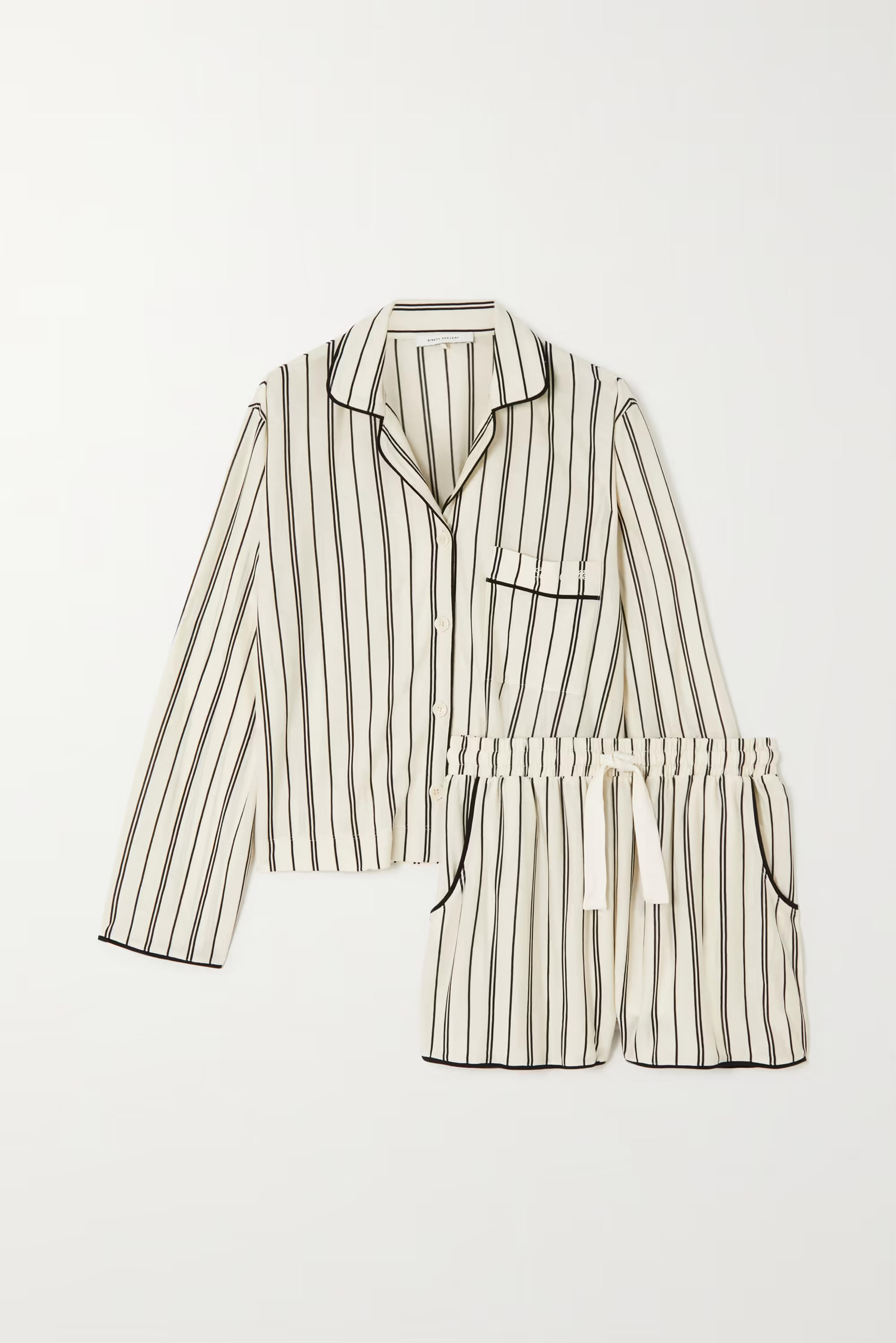 White Embroidered striped TENCEL-jersey pajama set | NINETY PERCENT | NET-A-PORTER