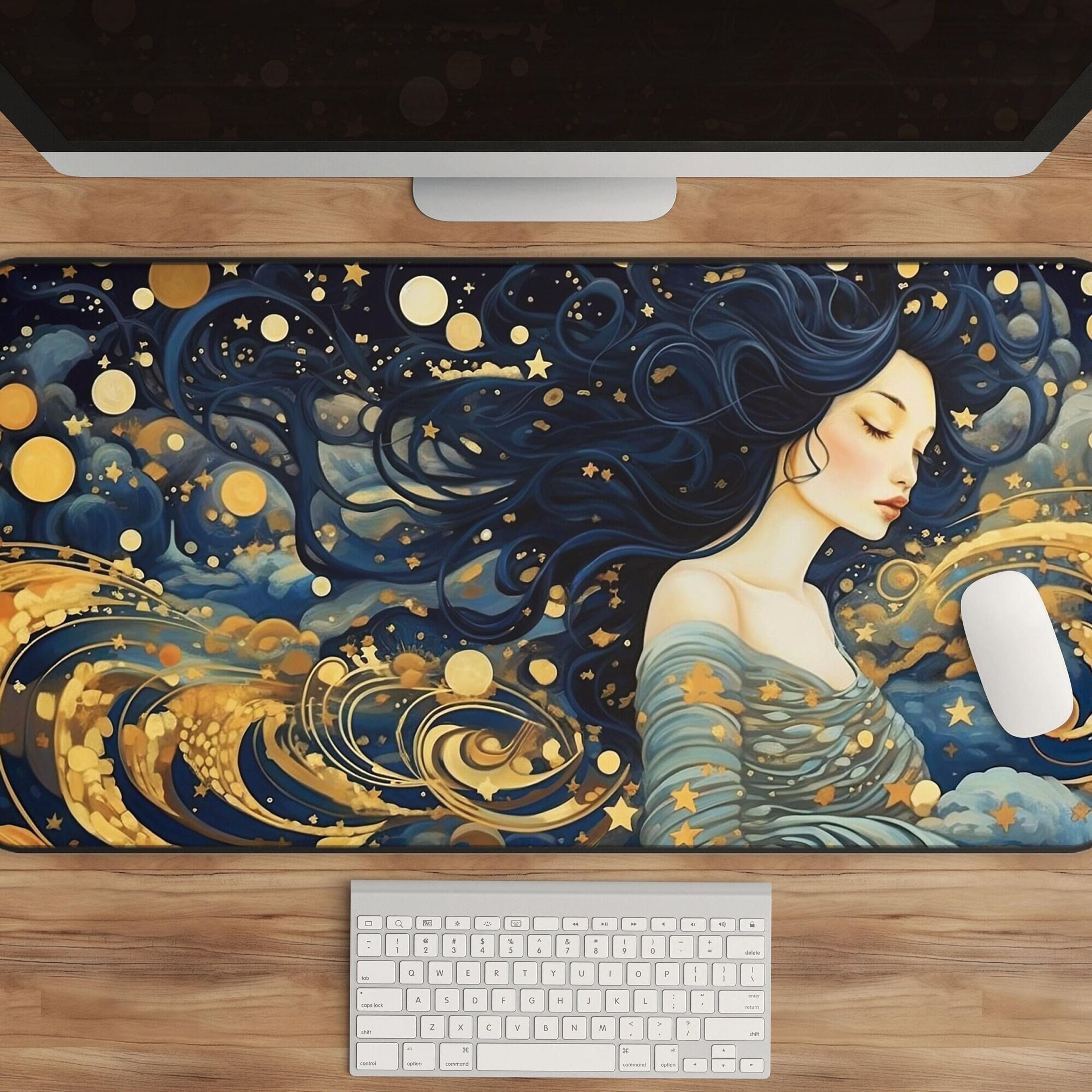 Cosmic Celestial Desk Mat  Starry Night Sky Gold & Azure