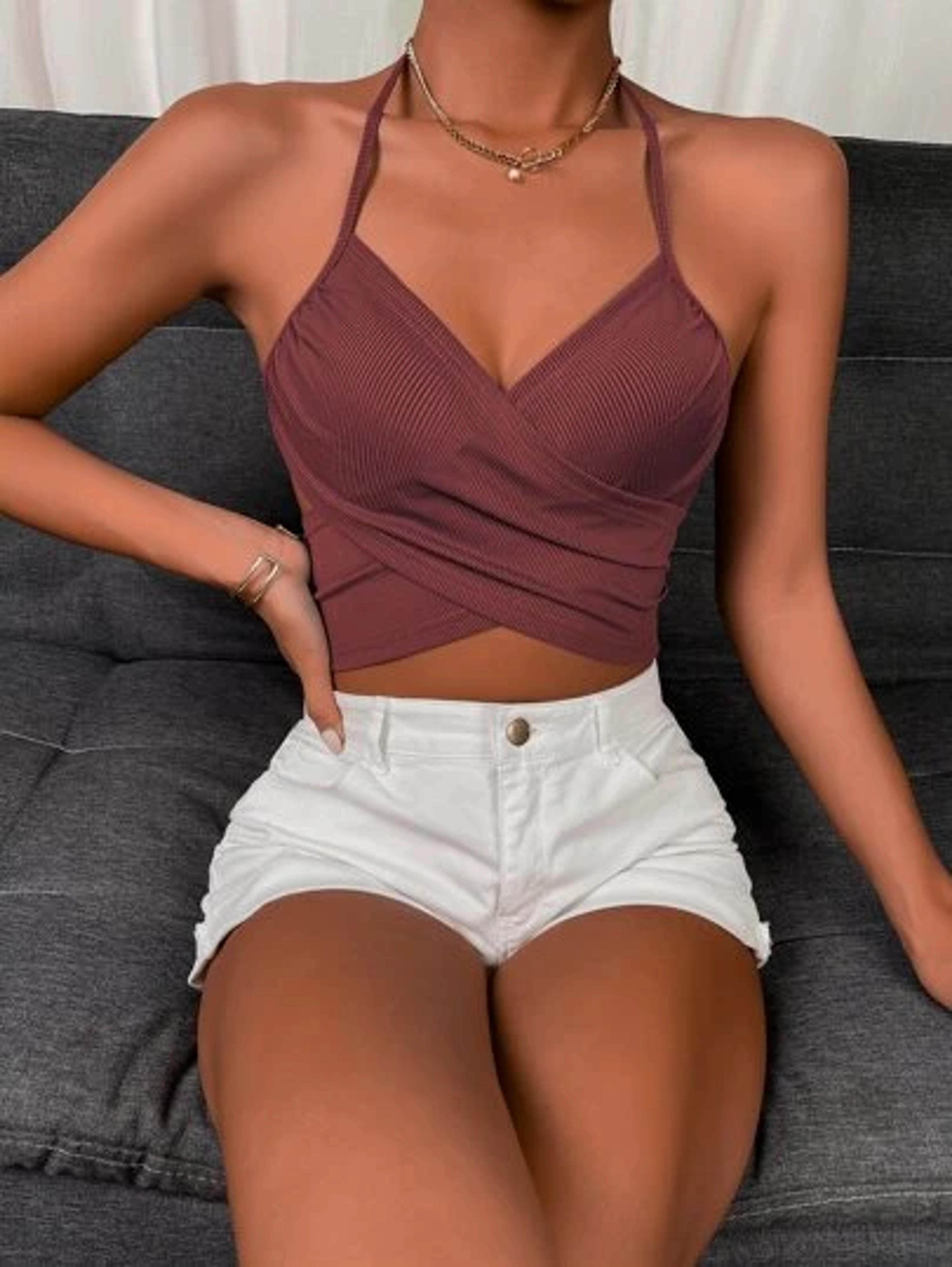 Wrap Cross Tied Backless Rib-knit Halter Top