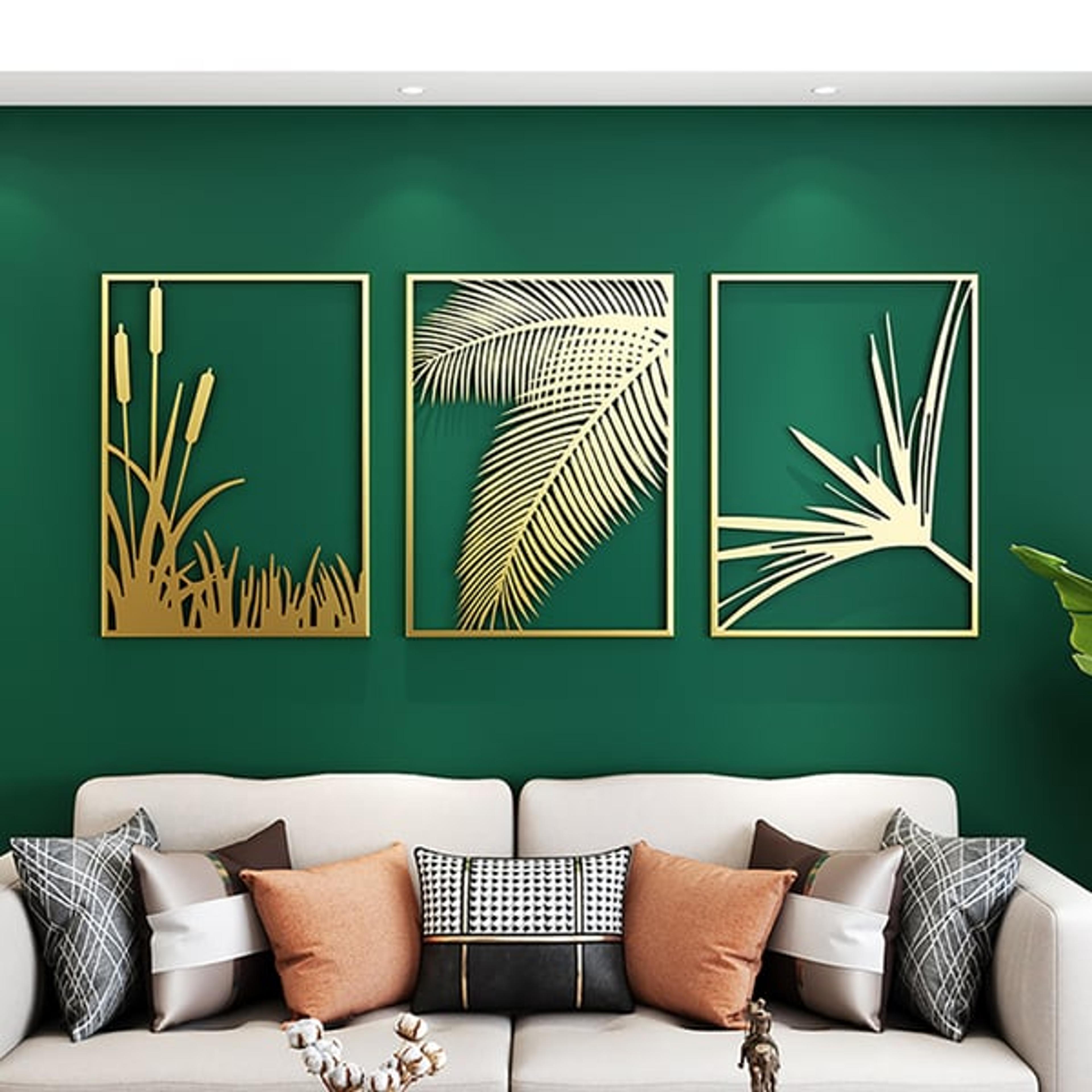 3 Pieces Modern Gold Metal Wall Decor Plant Art with Rectangle Frame-Homary