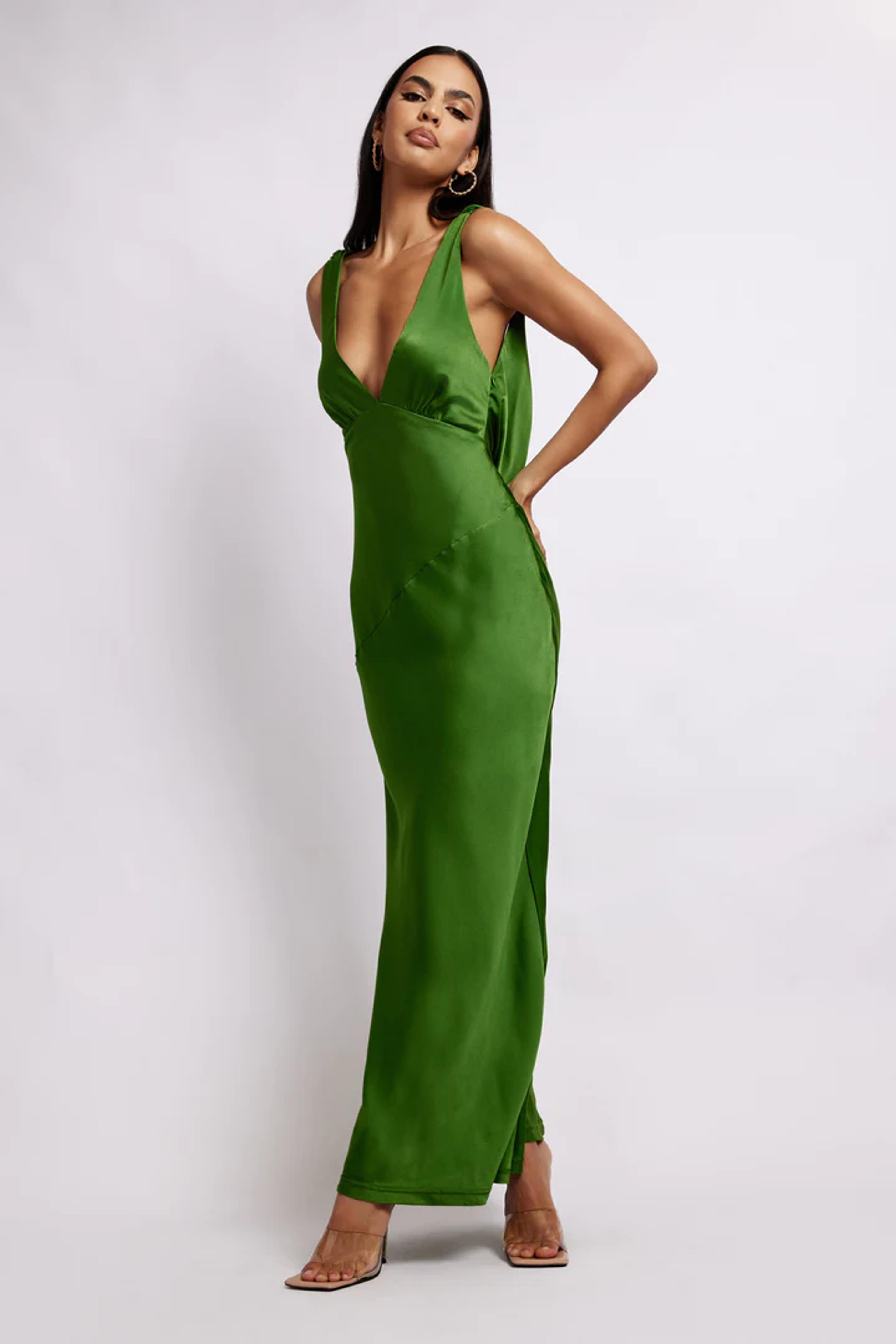 Nadia Maxi Satin Dress With Back Cowl - Emerald - MESHKI U.S