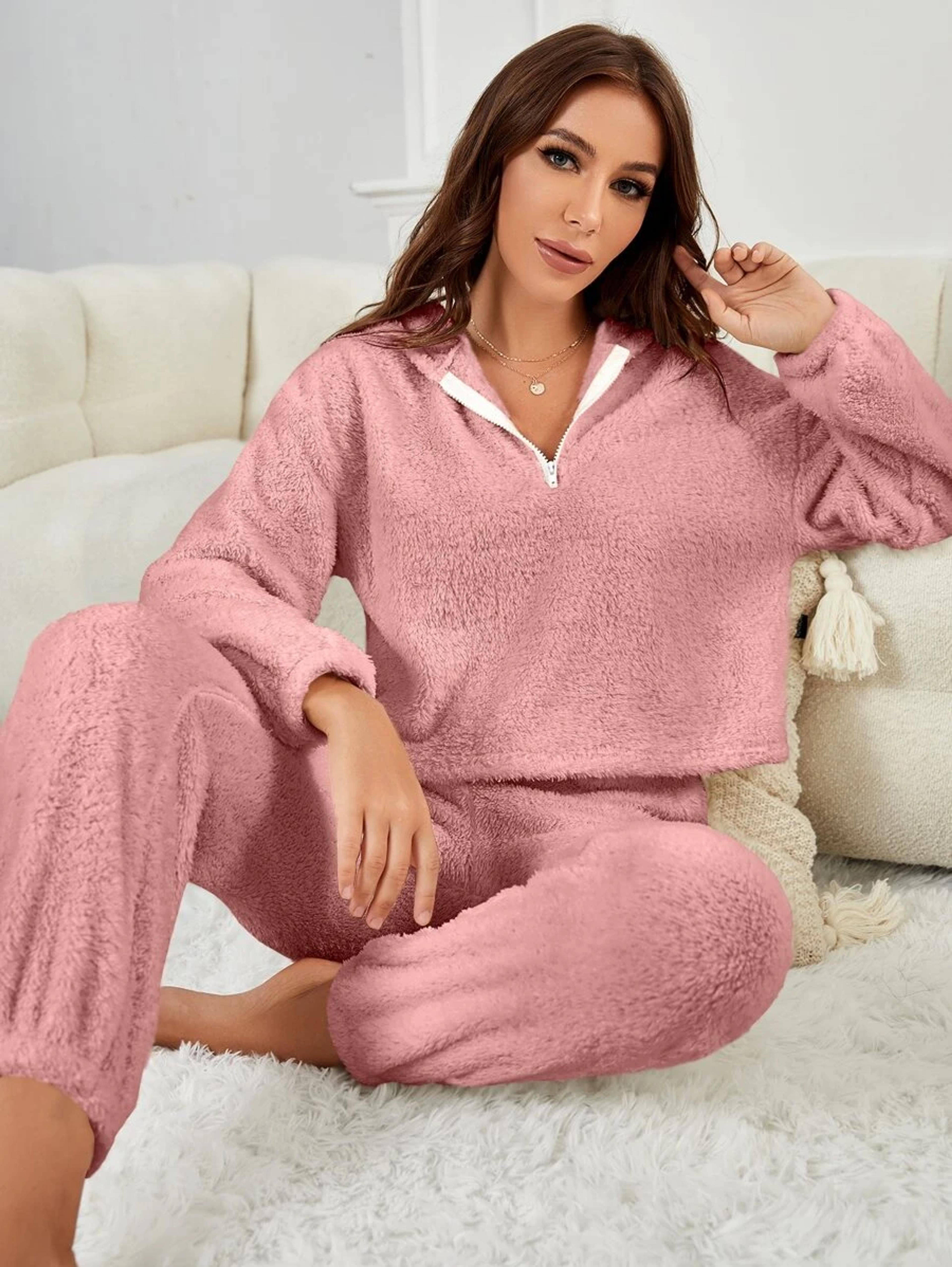 Drop Shoulder Quarter Zipper Hooded Fuzzy Lounge Set | SHEIN USA