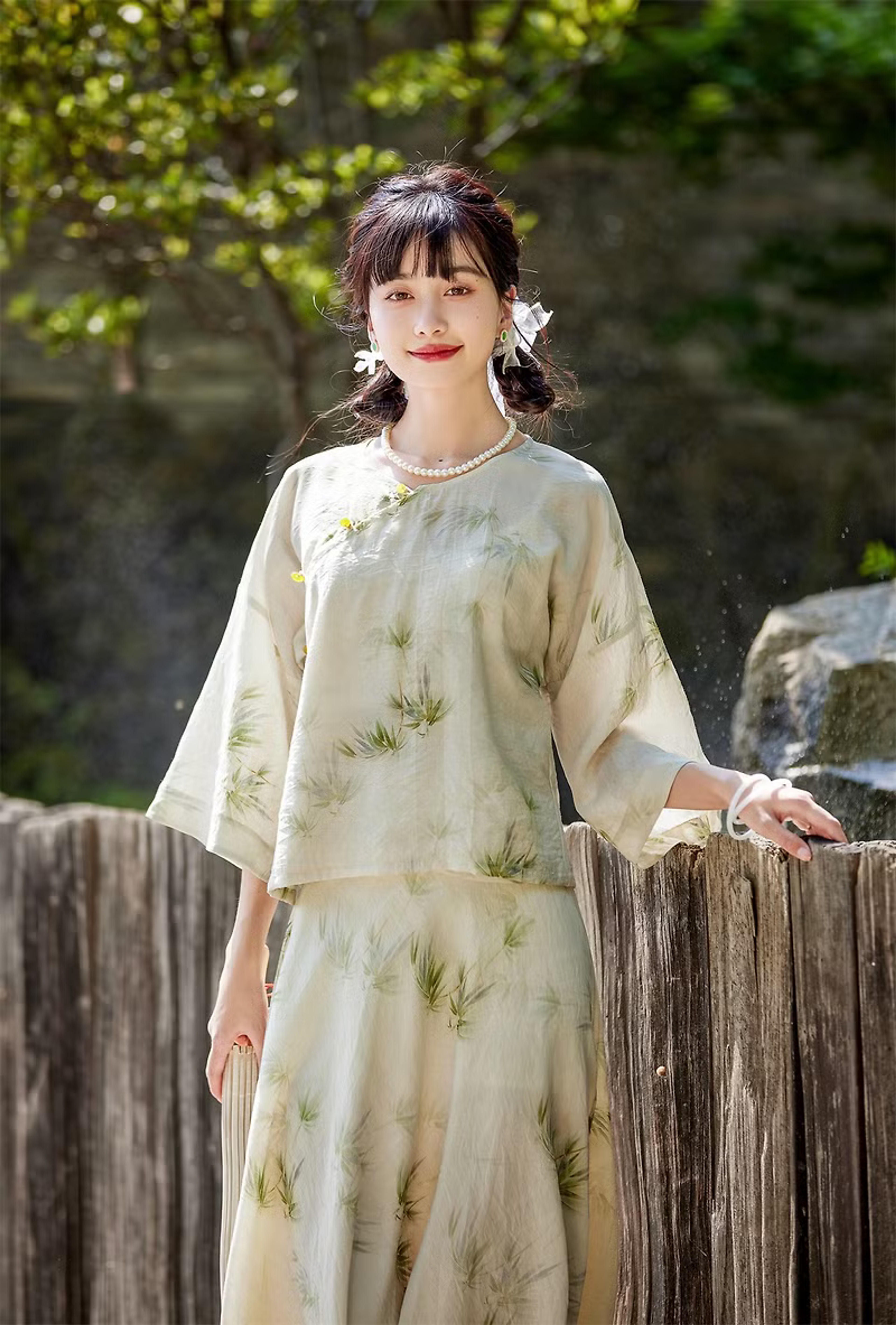 Ink printing slanted breast Hanfu skirt two-piece suit new Chinese style national style Spring Festival improved dress dress - Shop eden-cheongsam Qipao - Pinkoi