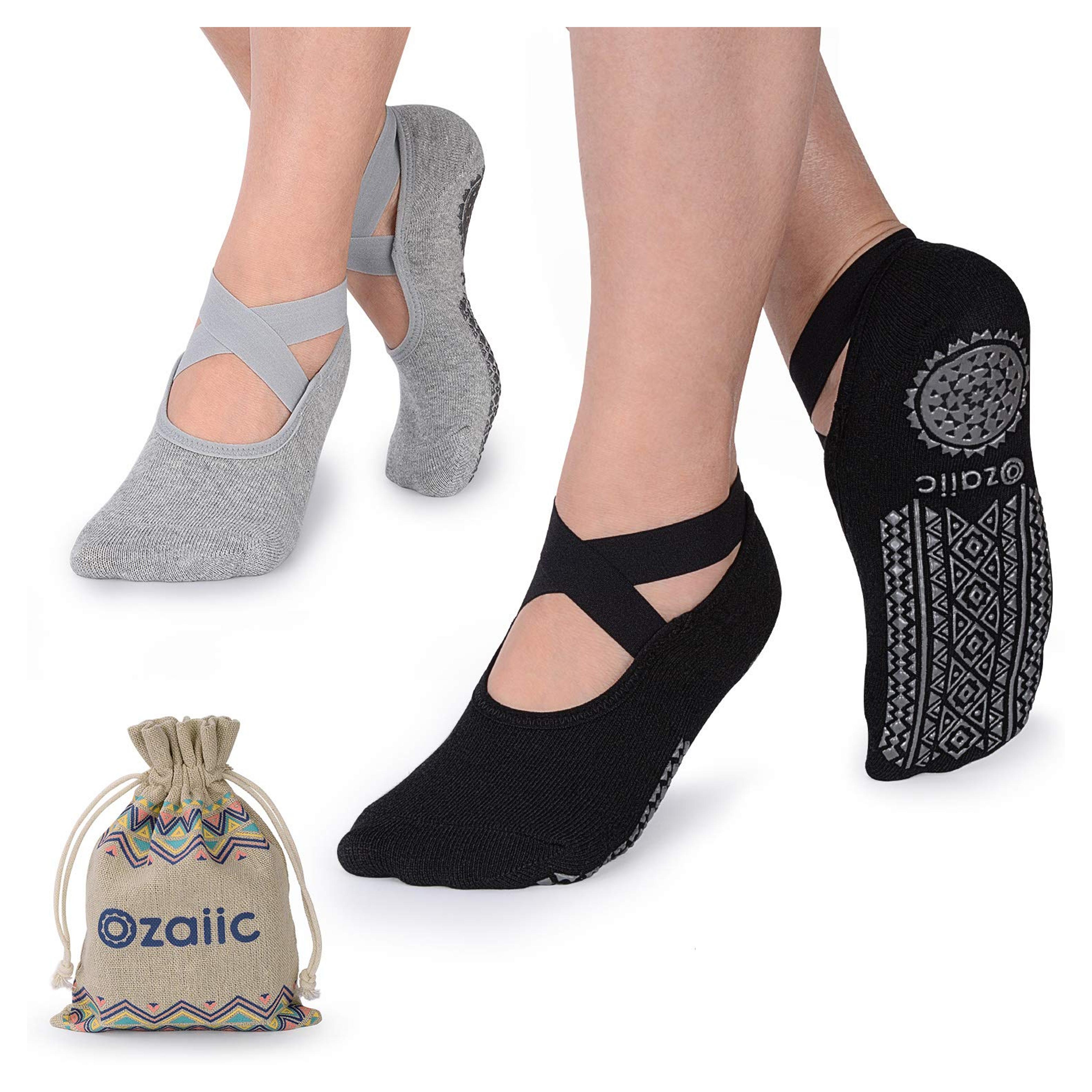Amazon.com : Yoga Socks for Women Non-Slip Grips & Straps, Ideal for Pilates, Pure Barre, Ballet, Dance, Barefoot Workout (2 Pairs- Black/Gray, one_size) : Clothing, Shoes & Jewelry