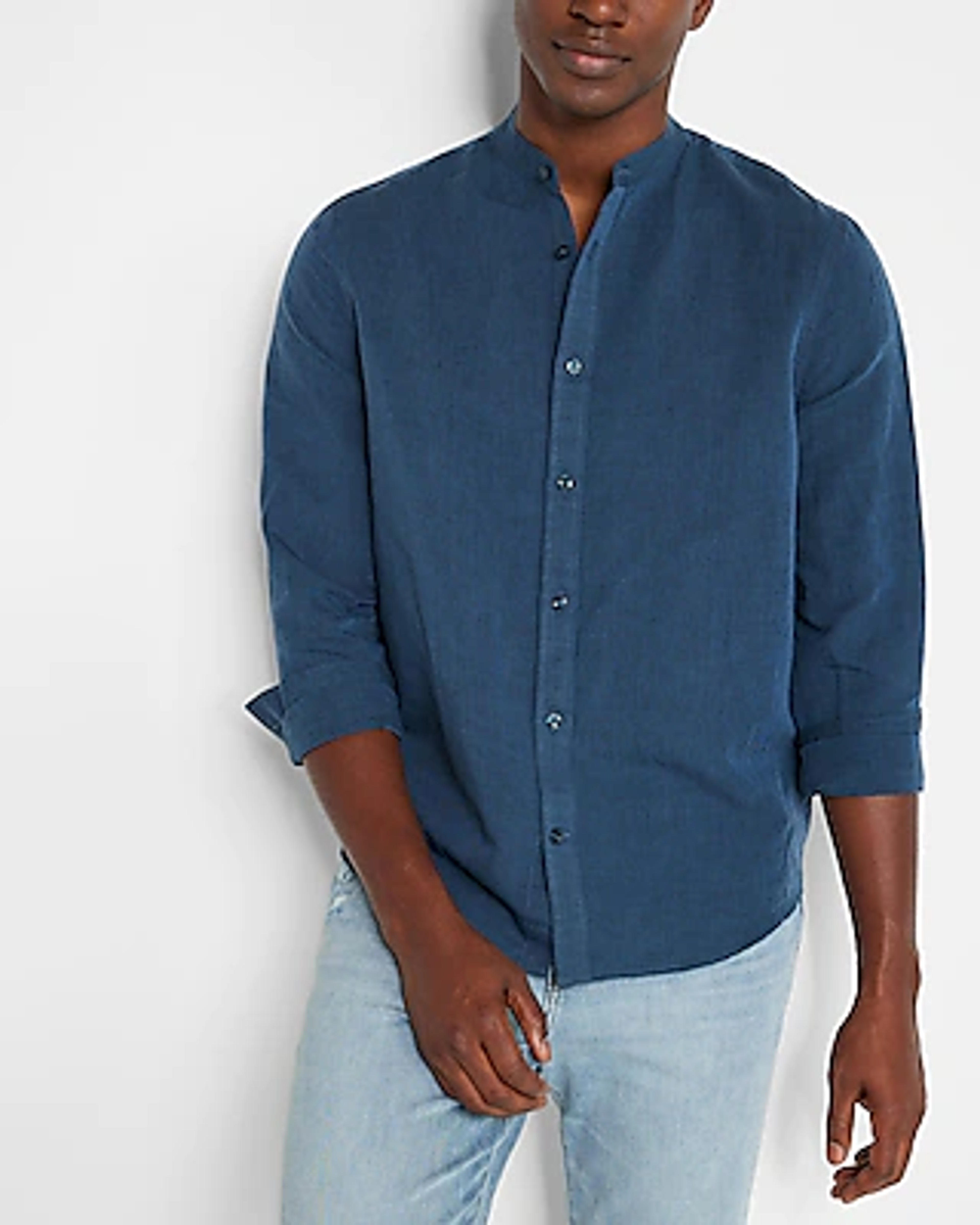 Slim Solid Banded Collar Linen Shirt | Express