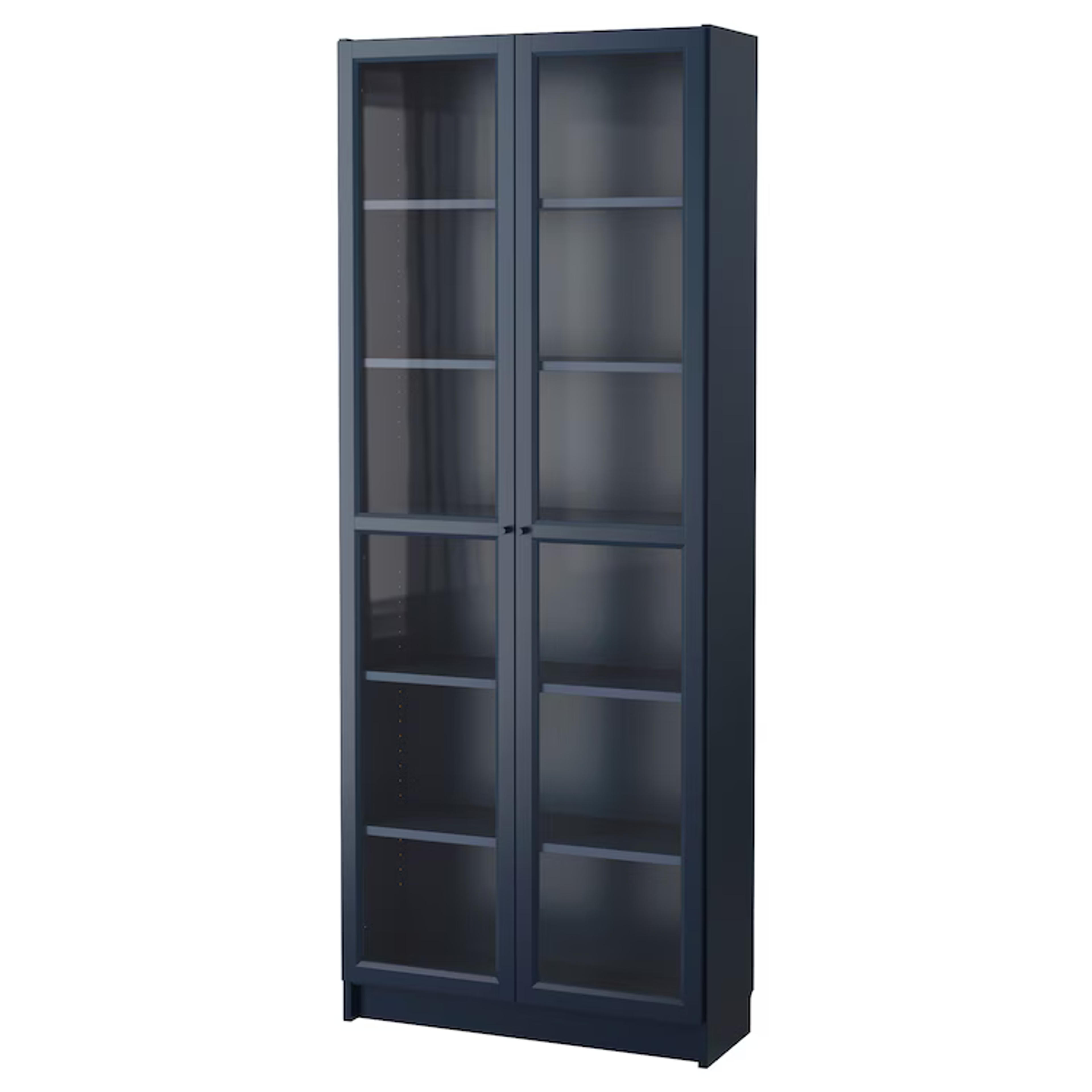 BILLY Bookcase with glass doors, dark blue, 31 1/2x11 3/4x79 1/2" - IKEA