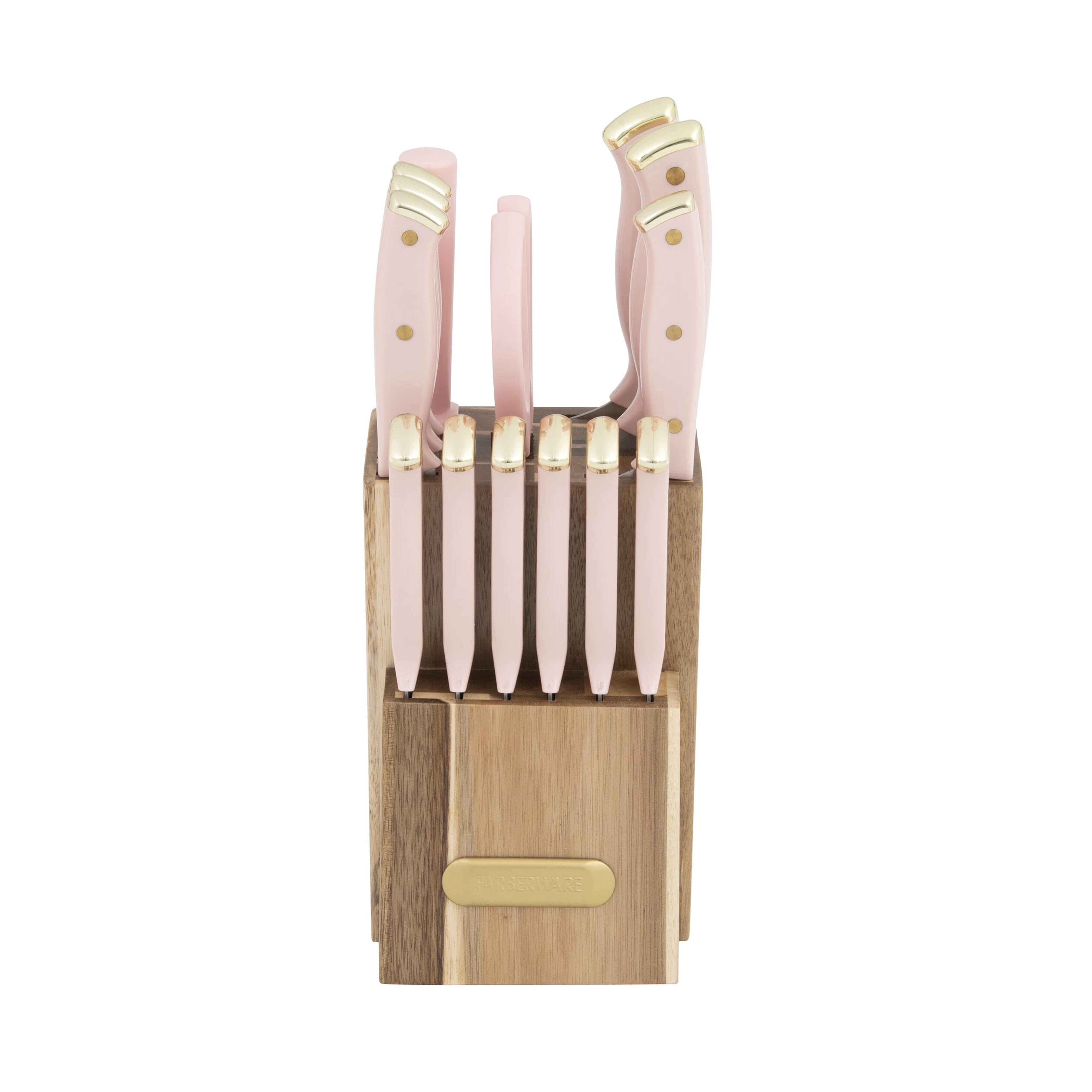 Amazon.com: Farberware 15-Piece Triple Riveted Acacia Knife Block Set, High Carbon-Stainless Steel Kitchen Knives with Ergonomic Handles, Razor-Sharp Knife Set, Blush and Gold: Home & Kitchen