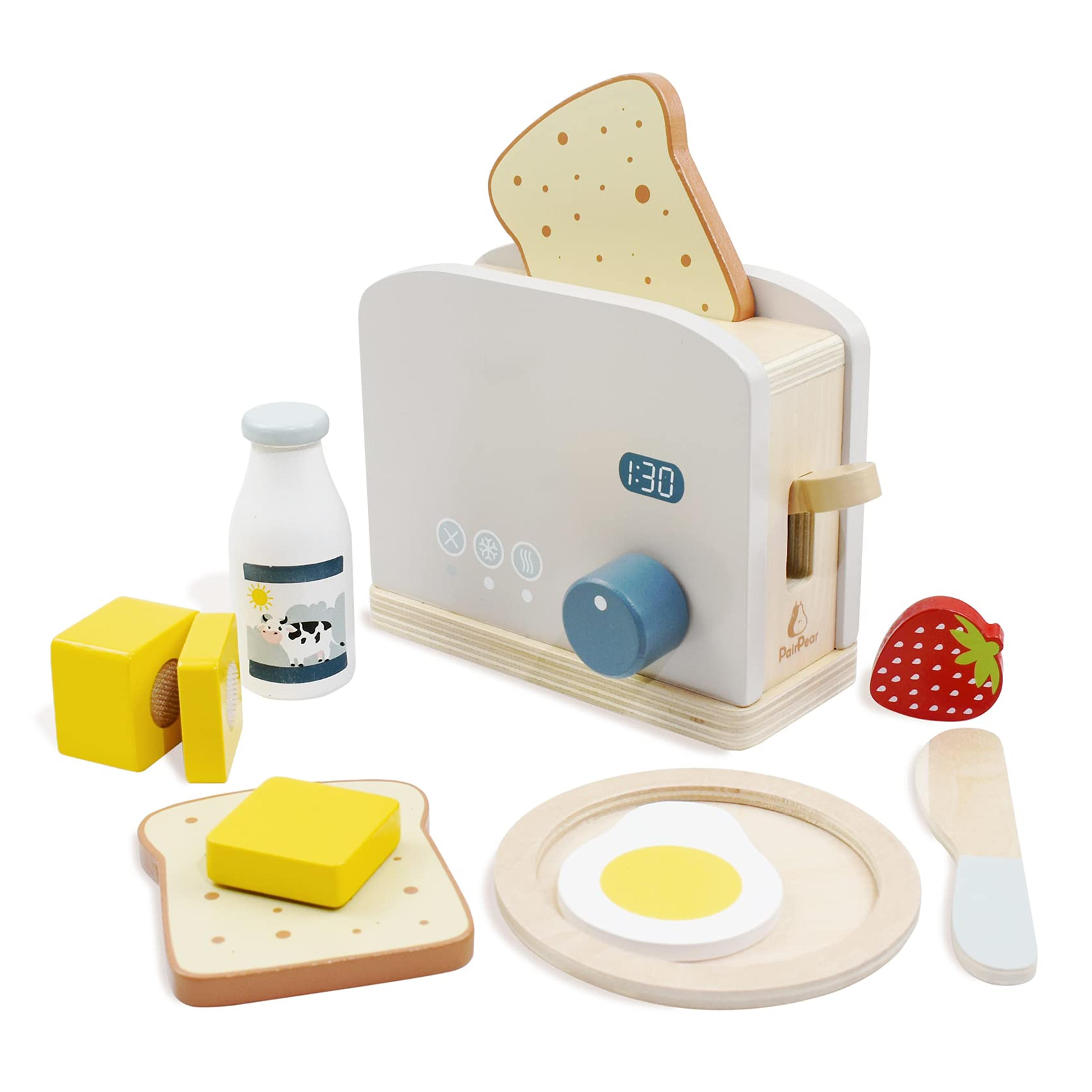 PairPear Pop up Toaster Play Kitchen Playset - Wooden Toy Food 11 Accessories for Kids