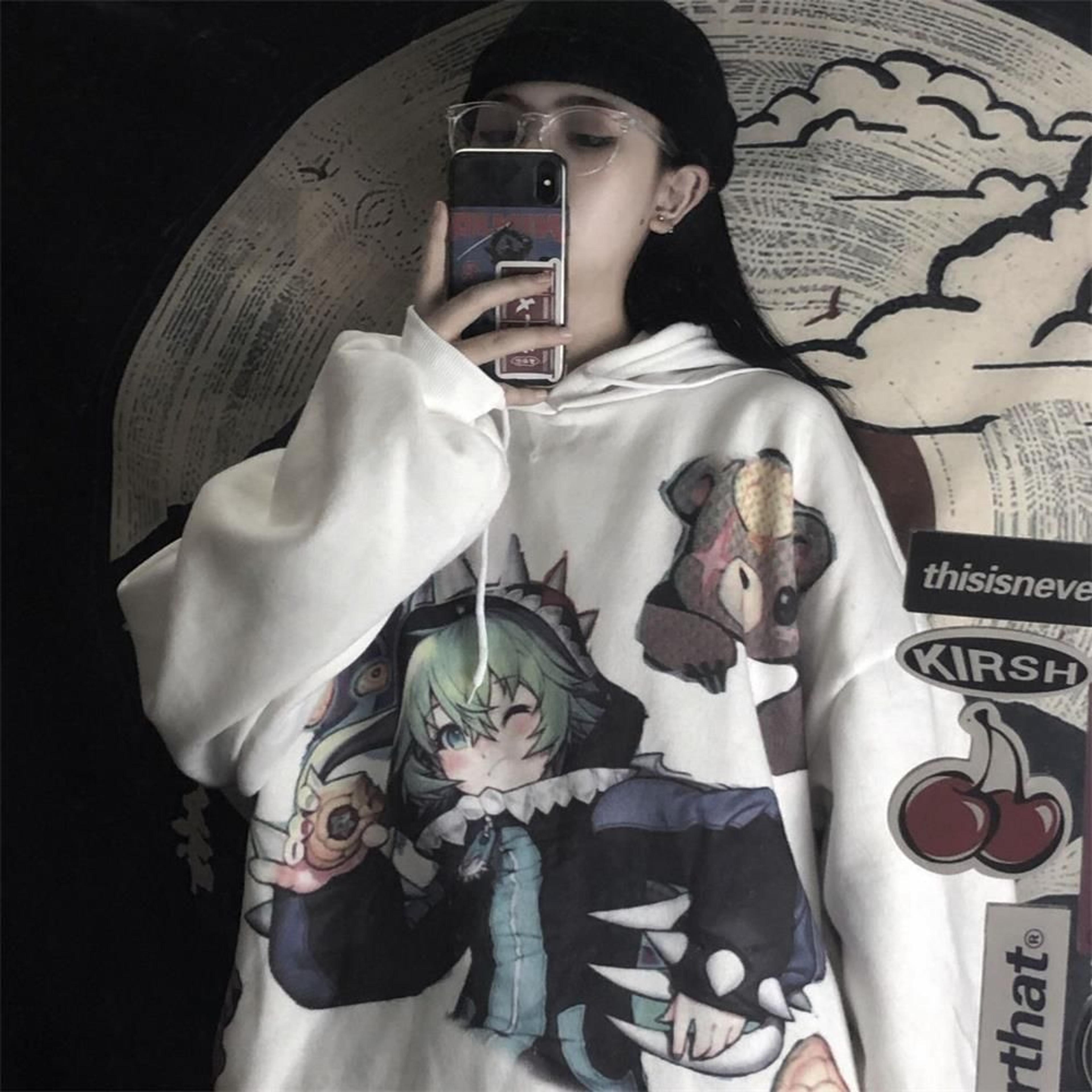 Comyee Japanese Cartoon Hip Hop Hoodie Sweatshirt Oversize Women Spring Autumn Gothic Punk Hoodies Tops Females Clothes Hoodie Girl F-5XL